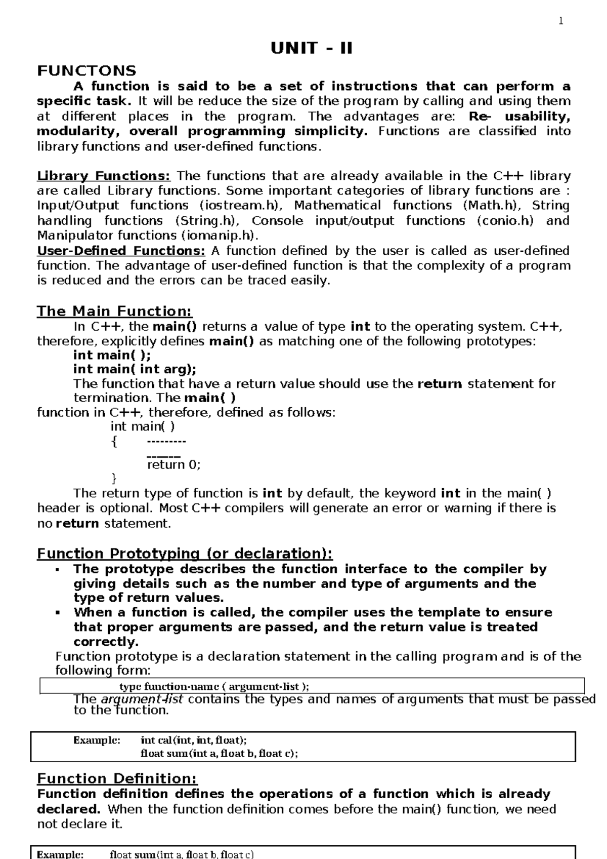 Unit 2 - unit 2 C++ notes - Example: int cal(int, int, float); float ...