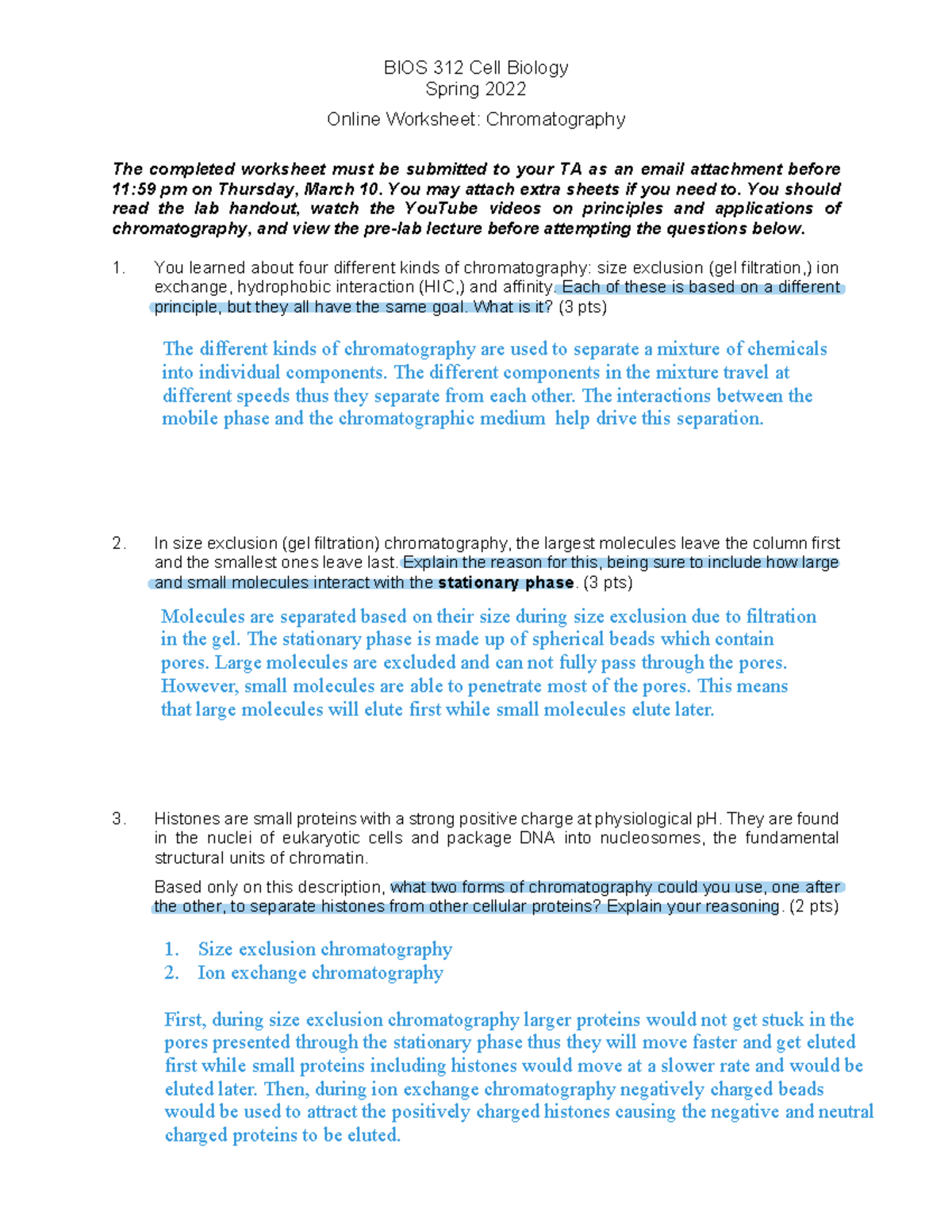 Chromatography Worksheet BIOS 312 Cell Biology Spring 2022 Online