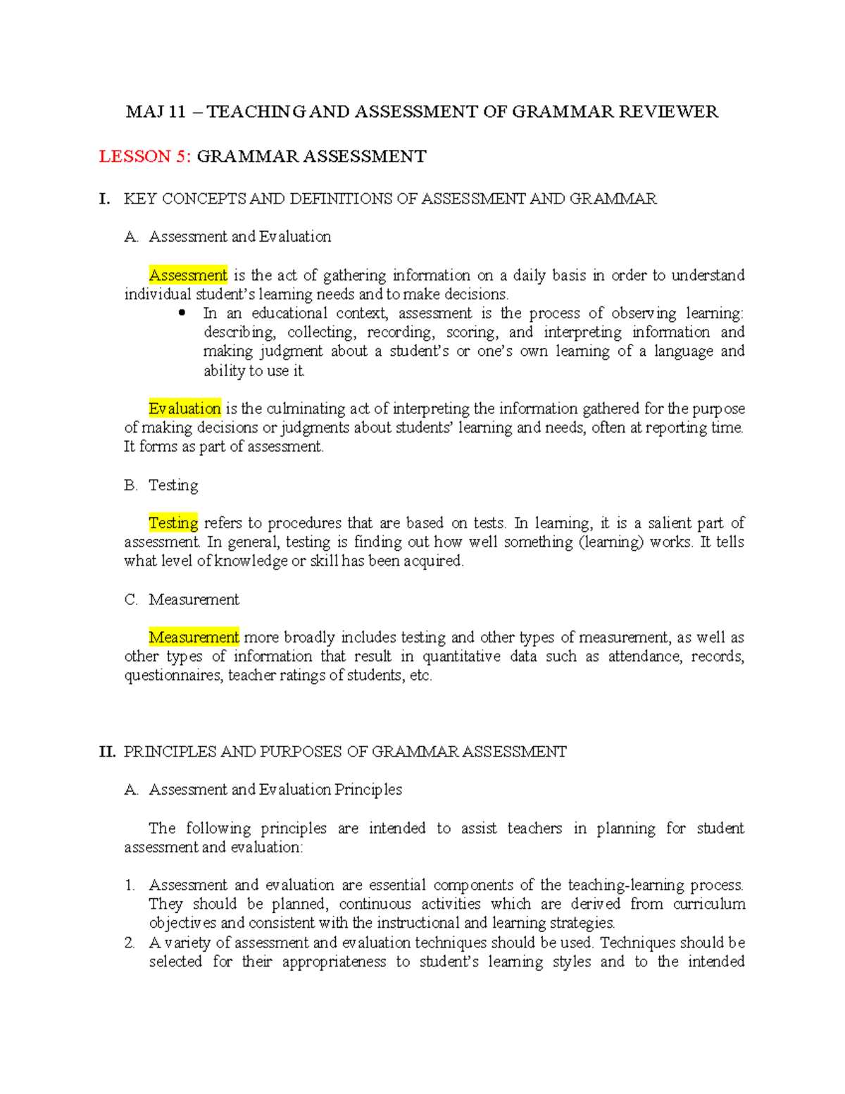 MAJ-11- Reviewer - for notes - MAJ 11 – TEACHING AND ASSESSMENT OF ...