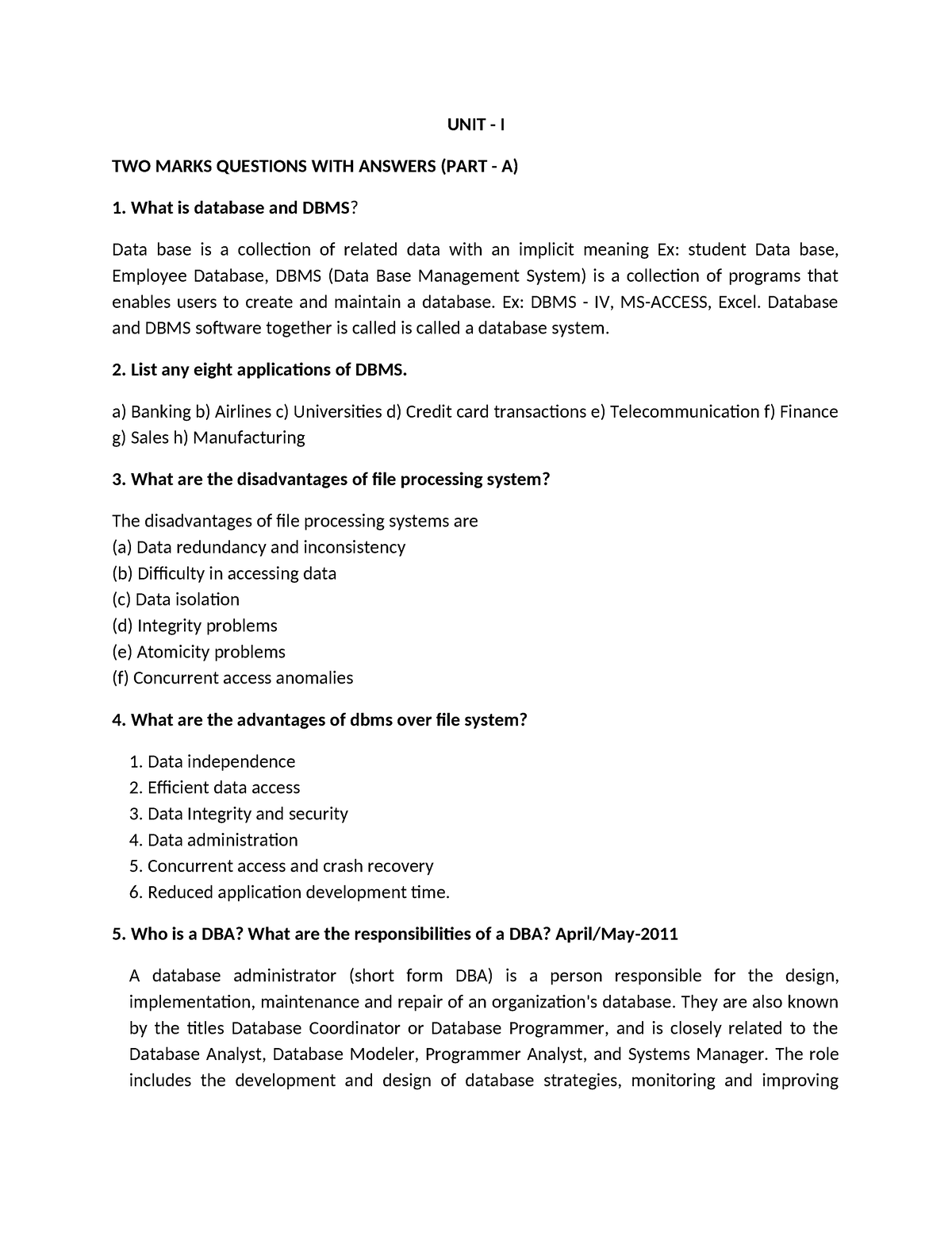 CS3492 Database Management Systems QB - UNIT - I TWO MARKS QUESTIONS ...