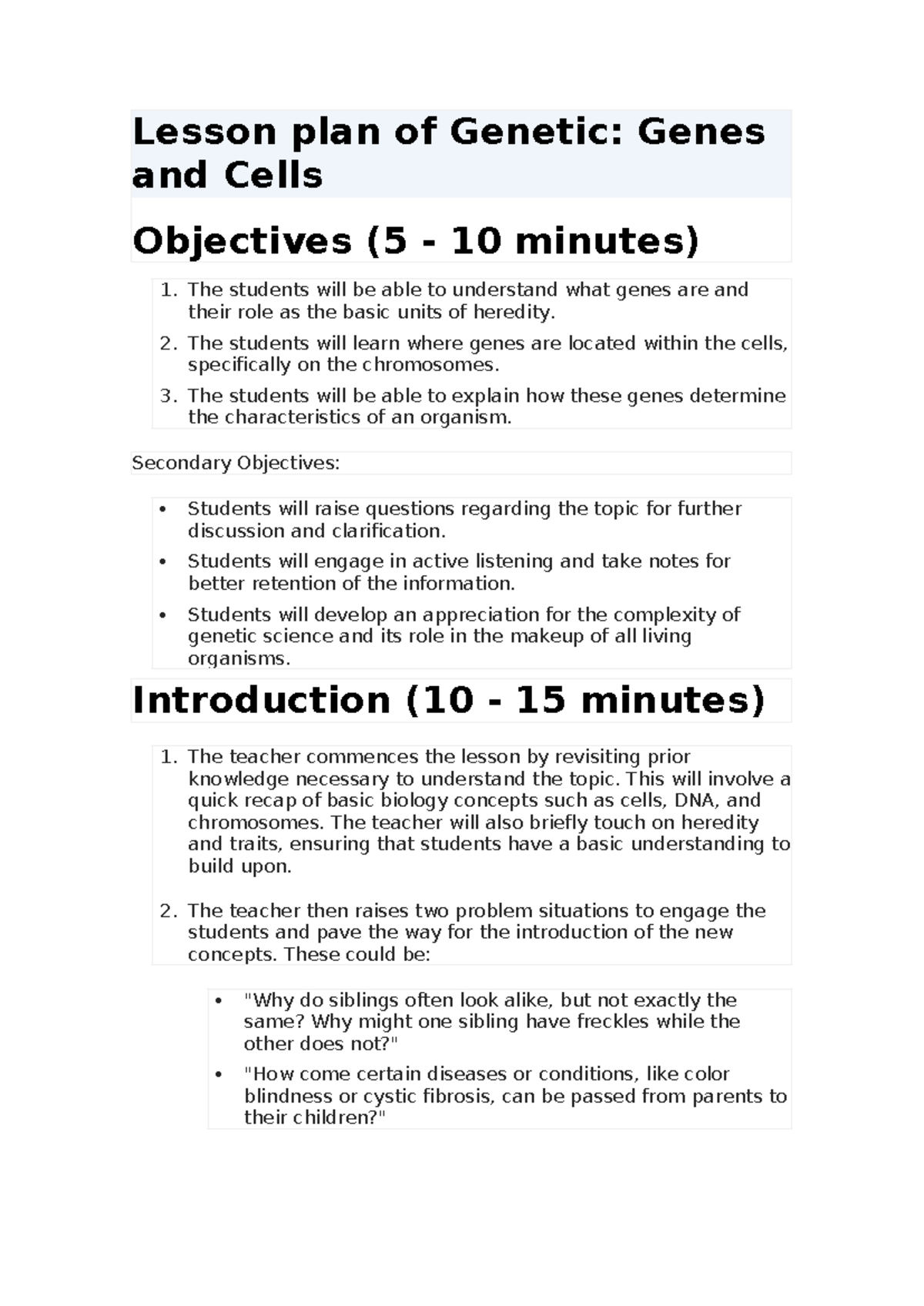 Lesson plan Biology - Lesson plan of Genetic: Genes and Cells ...
