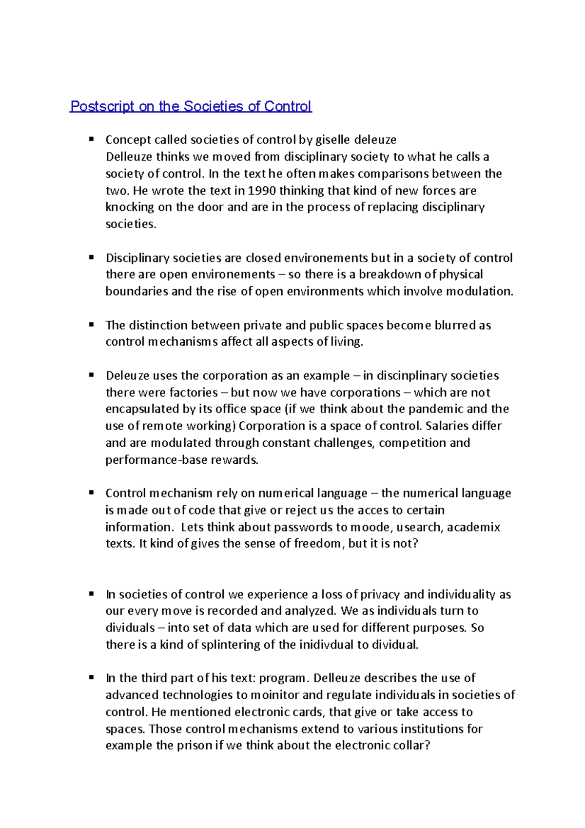Deleuze zusammenfassung Postscript on the Societies of Control