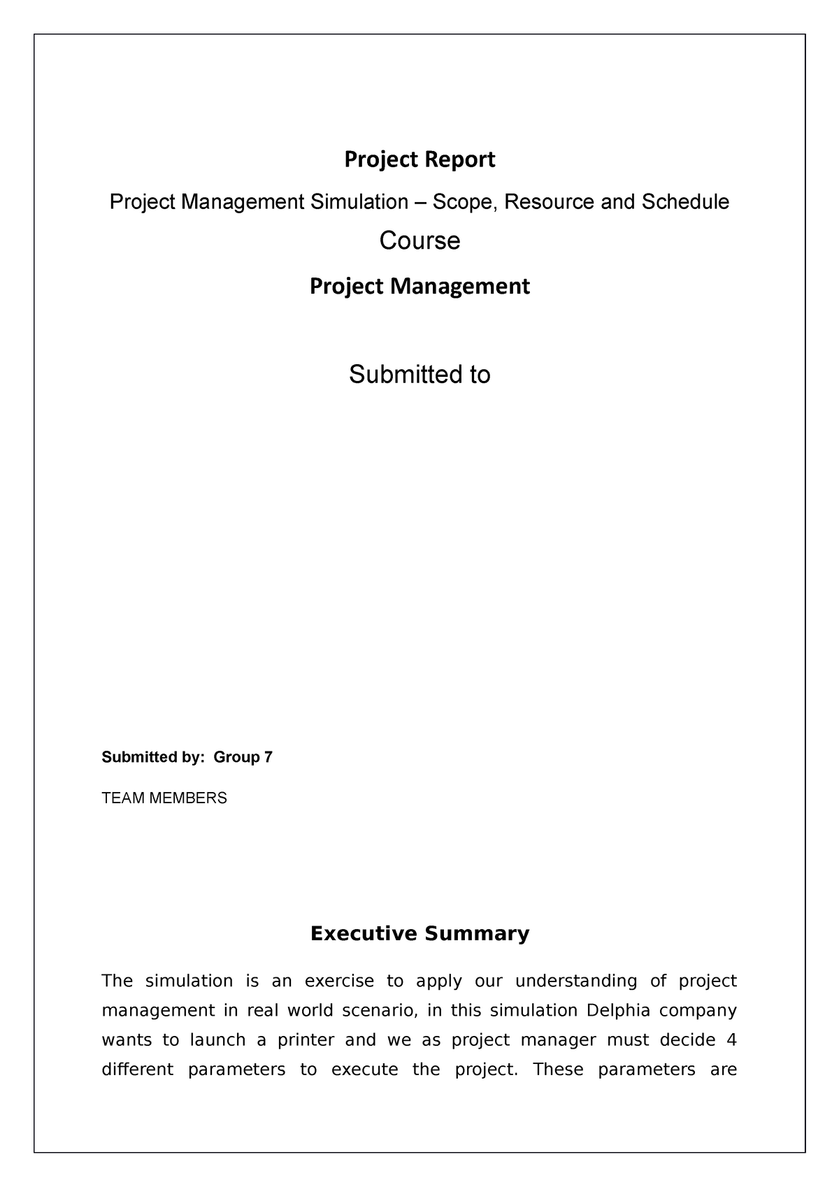 Simulation report Project Management - Project Report Project ...