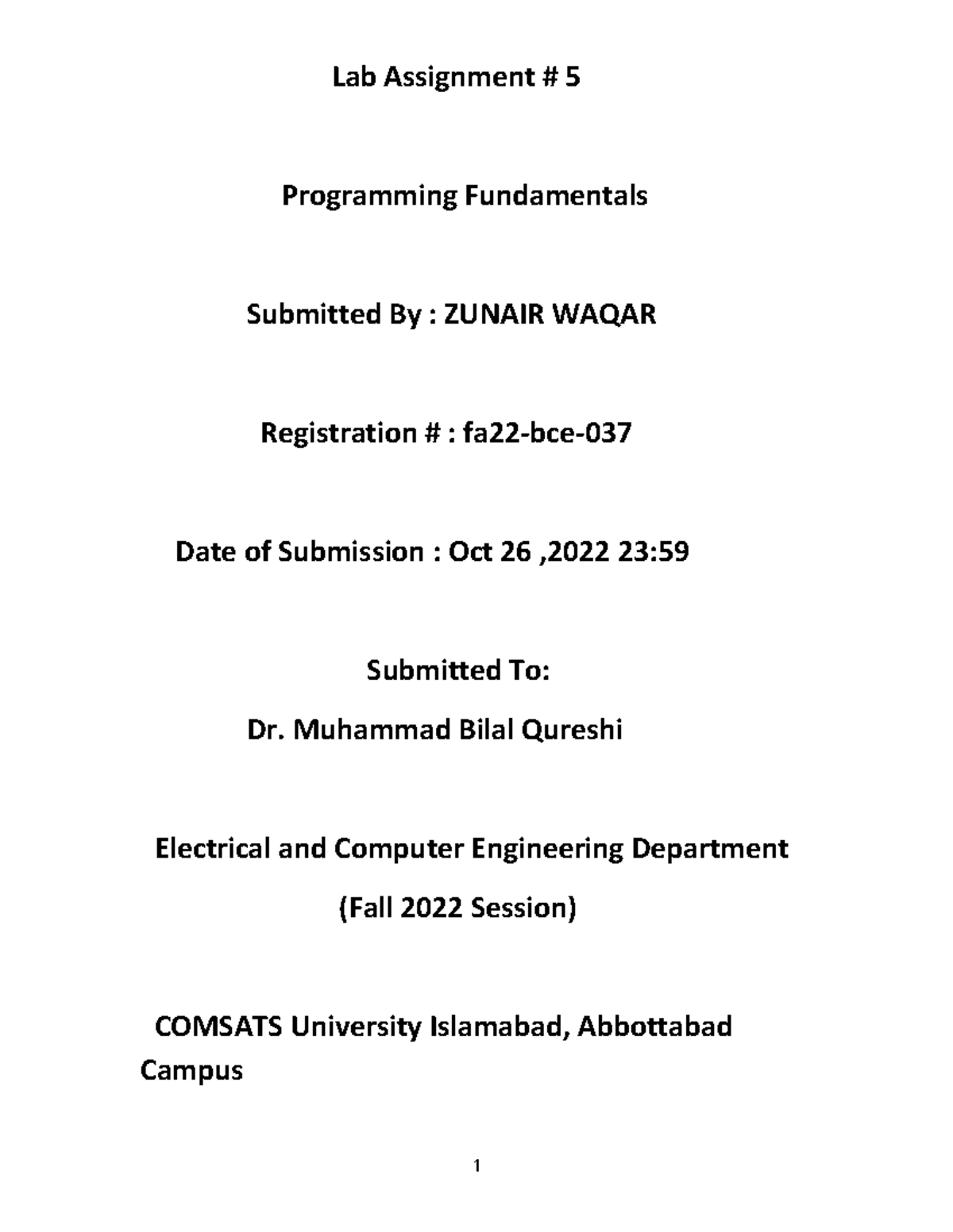 Lab 7 complete document - Lab Assignment # 5 Programming Fundamentals ...