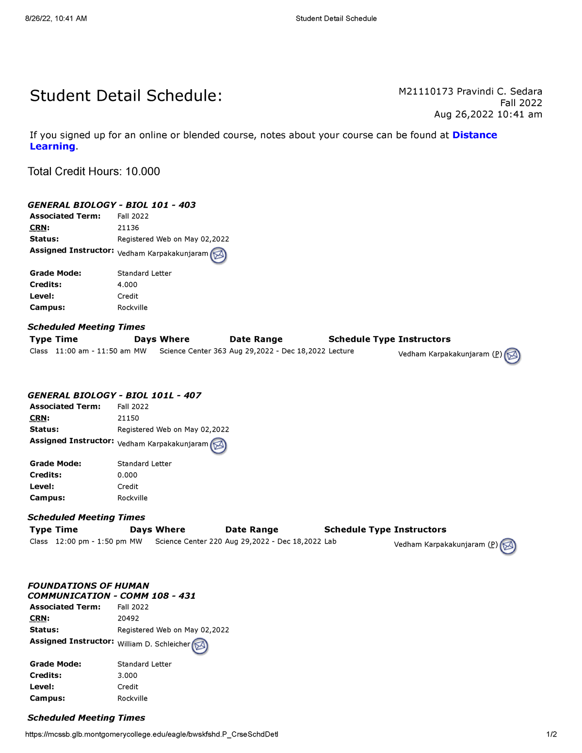 Student Detail Schedule Montgomery College 6 8/26/22, 1041