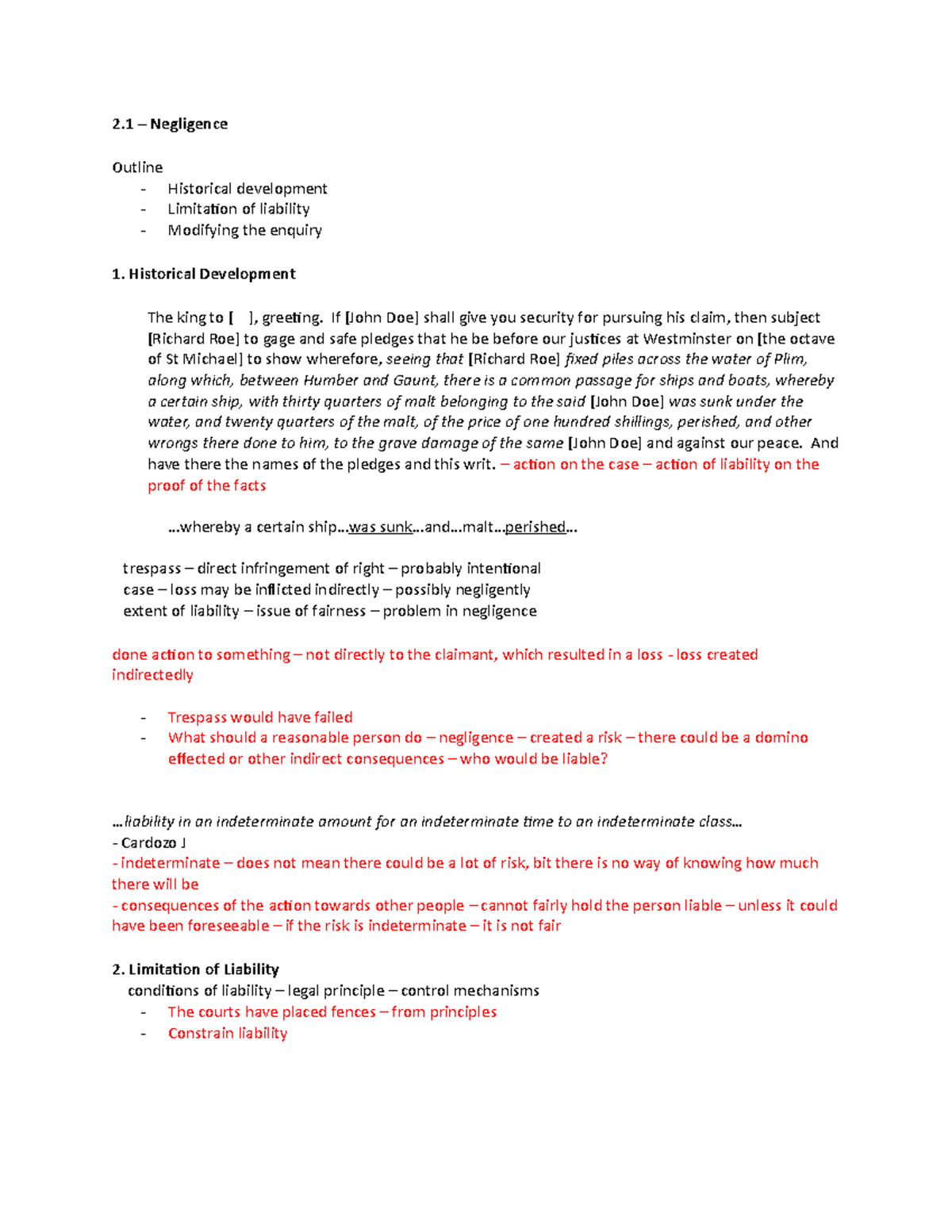 Negligence Lecture Notes 2 Negligence Outline Historical