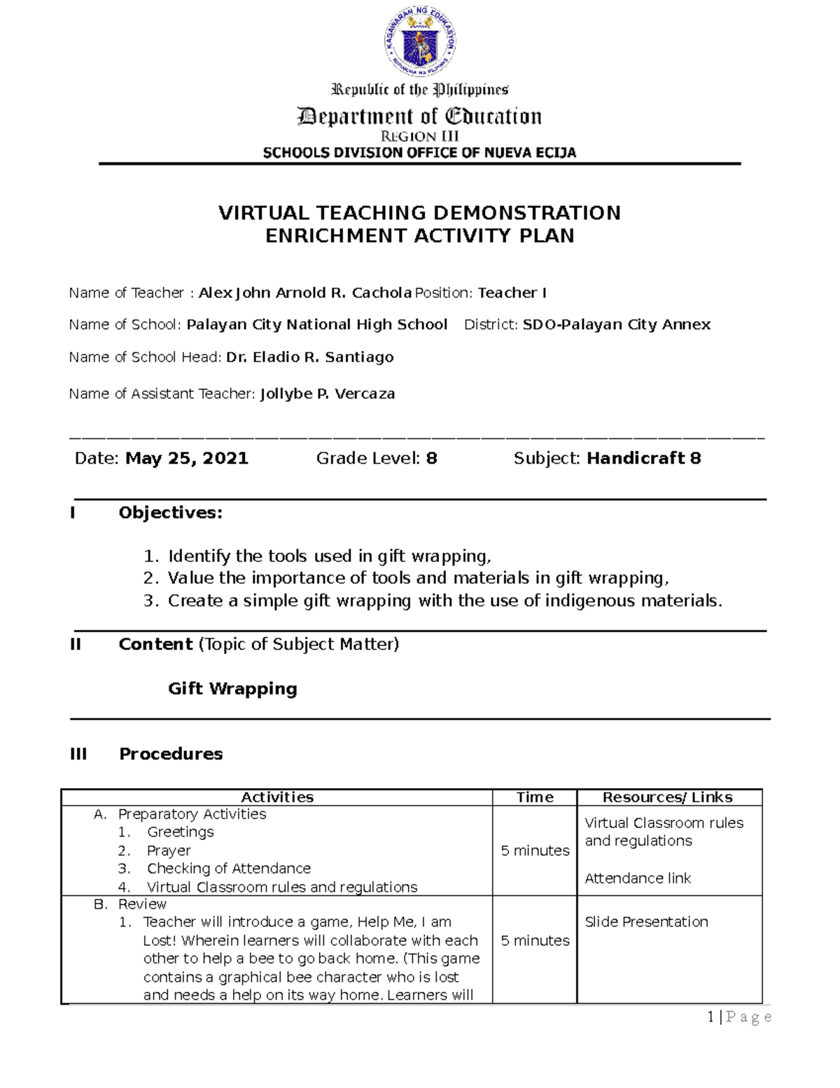Enrichment activity plan virtual classroom VIRTUAL TEACHING