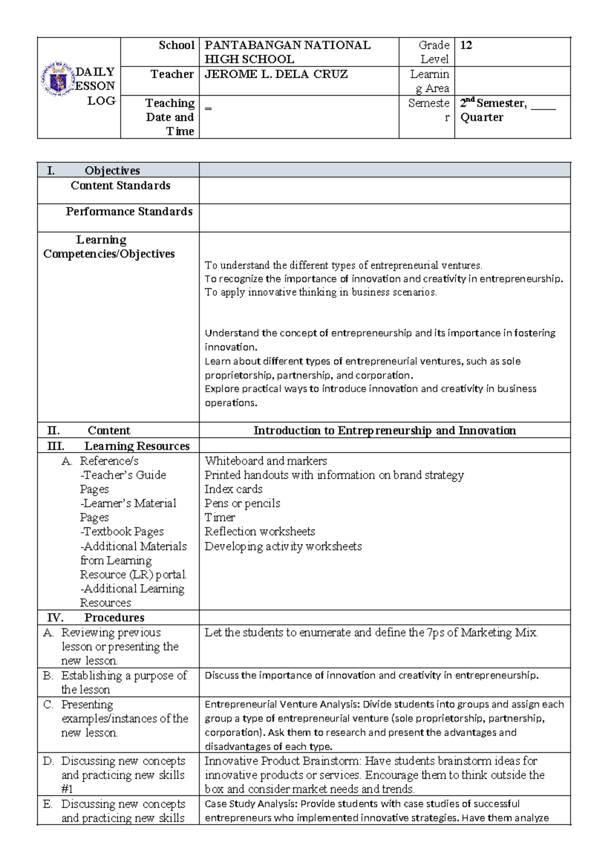 April 1 - eevnieu;eib;buvnvf vds ns i - DAILY LESSON LOG School ...