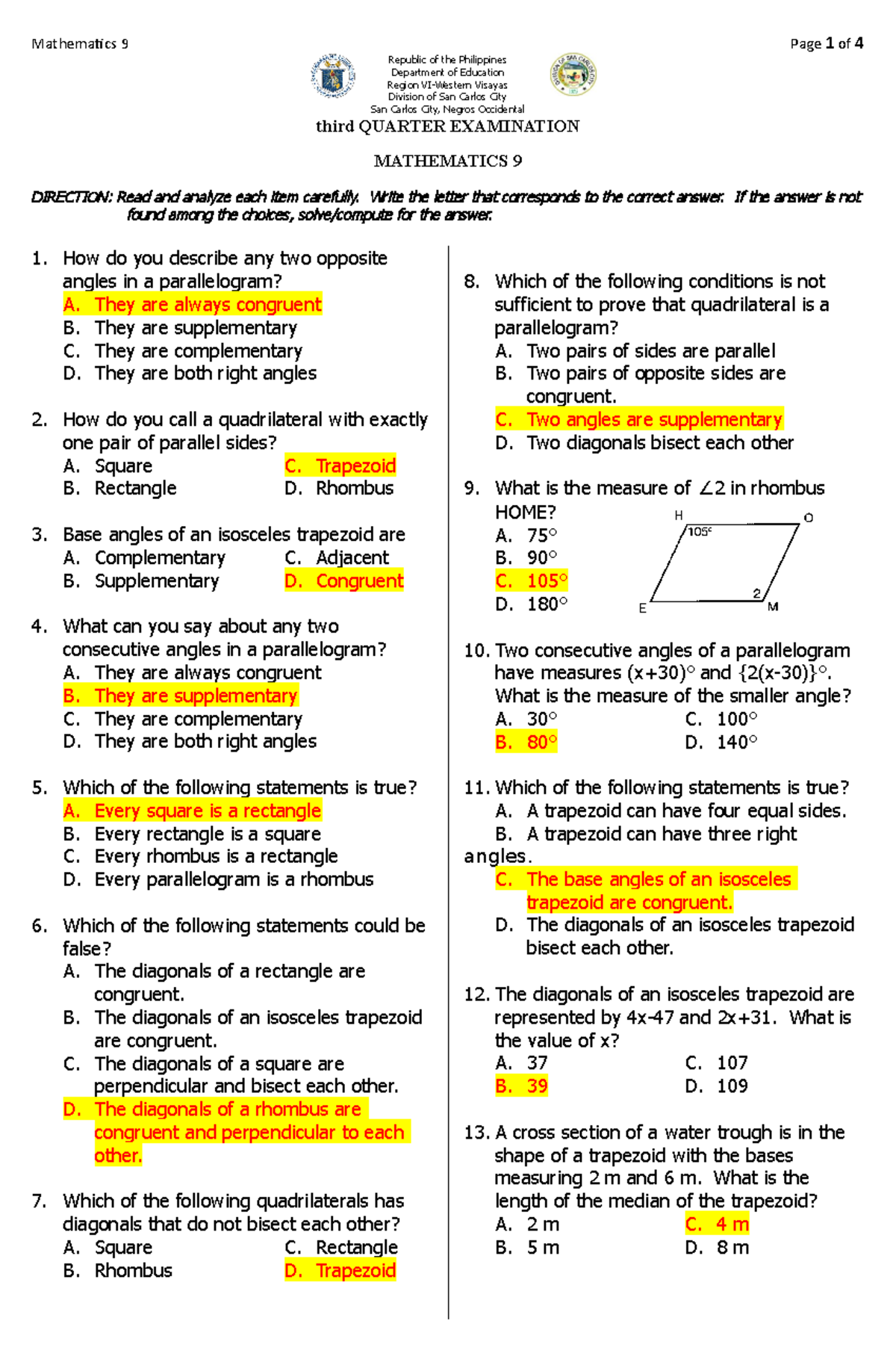 Math 9 q3 2022 periodic test - Republic of the Philippines Department ...