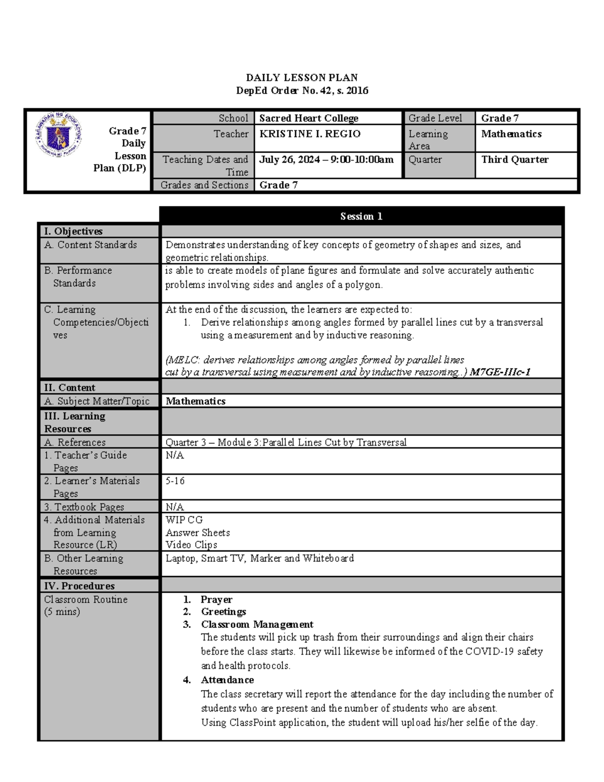 DLP MATH SHC DEMO - lesson plan - DAILY LESSON PLAN DepEd Order No. 42 ...