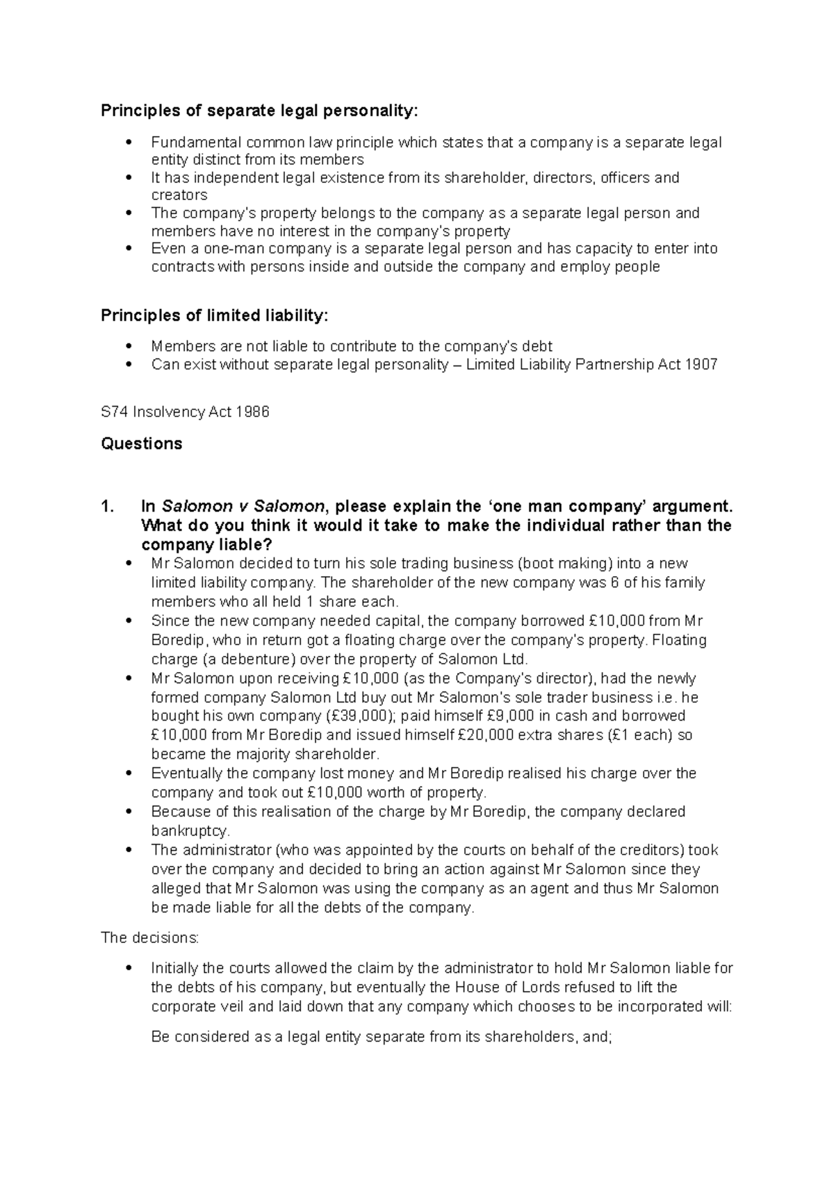 Prep task - Tasks - Principles of separate legal personality ...