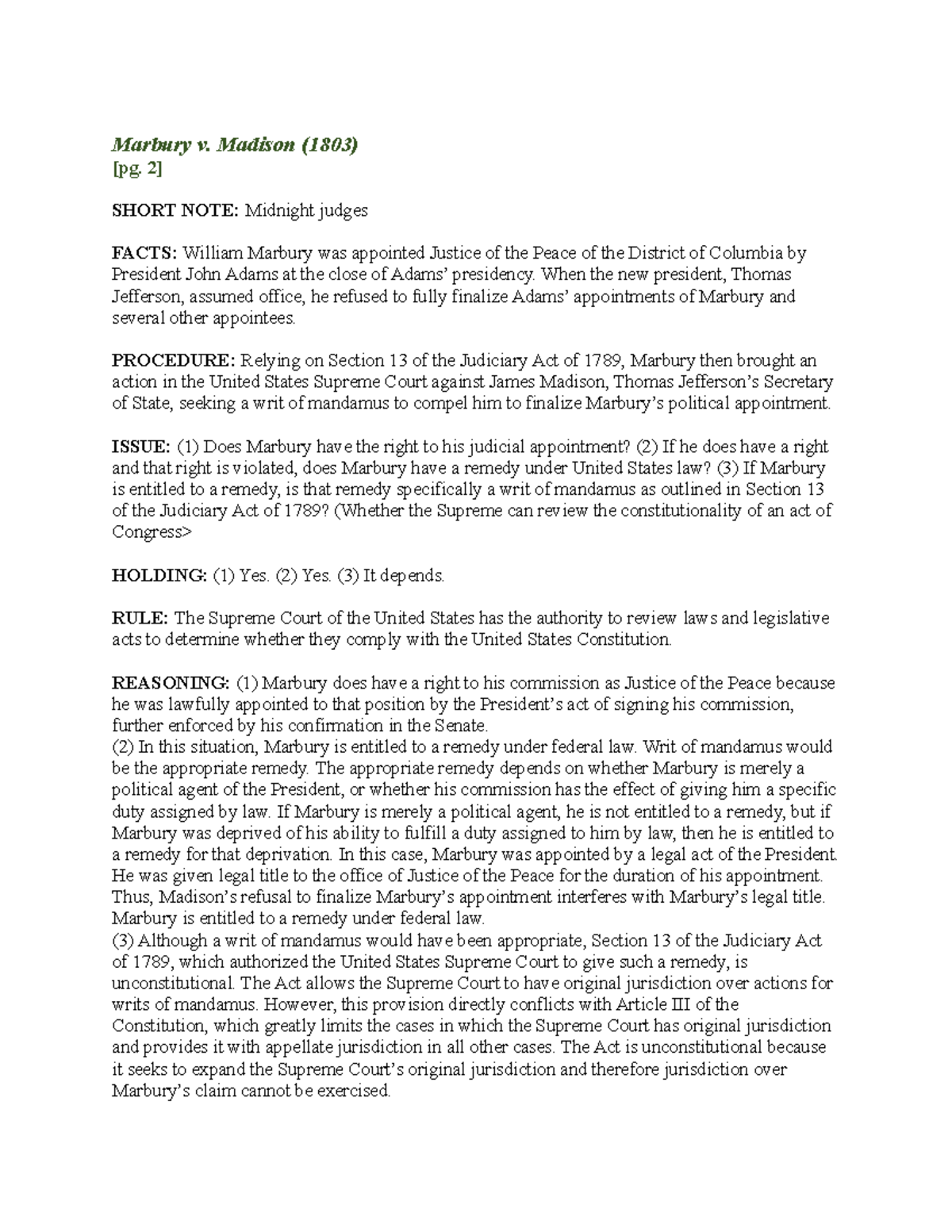 Constitutional Law Outline - 3 - Marbury v. Madison (1803) [pg. 2 ...
