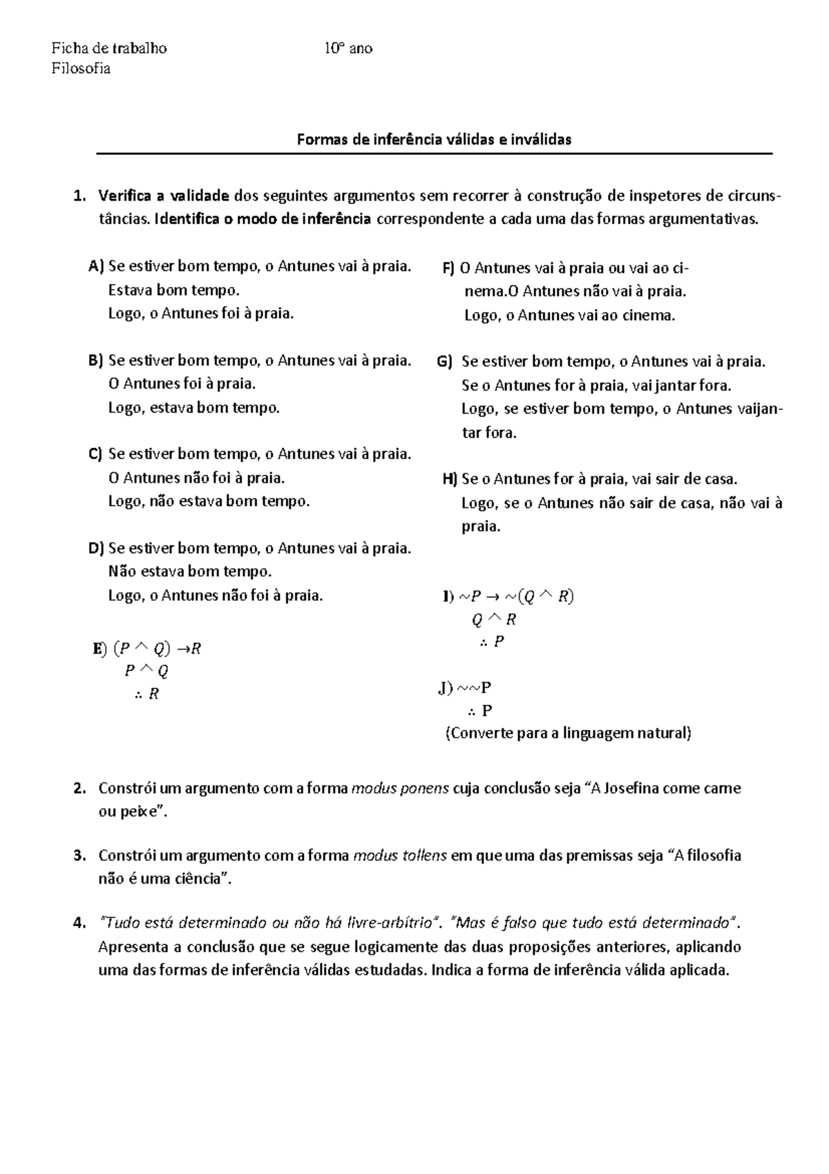 Ficha sobre formas de inferência válida-PDF - Ficha de trabalho 10º ano ...