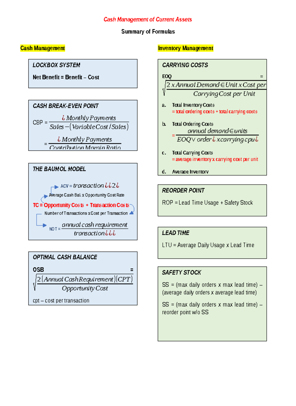 Cash Management Formulas - Cash Management Inventory Management LOCKBOX ...