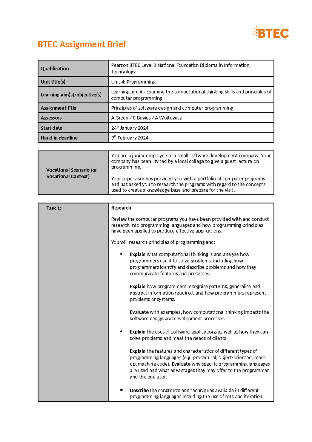 U4Assignment 1 Brief 2024 BTEC Assignment Brief Qualification