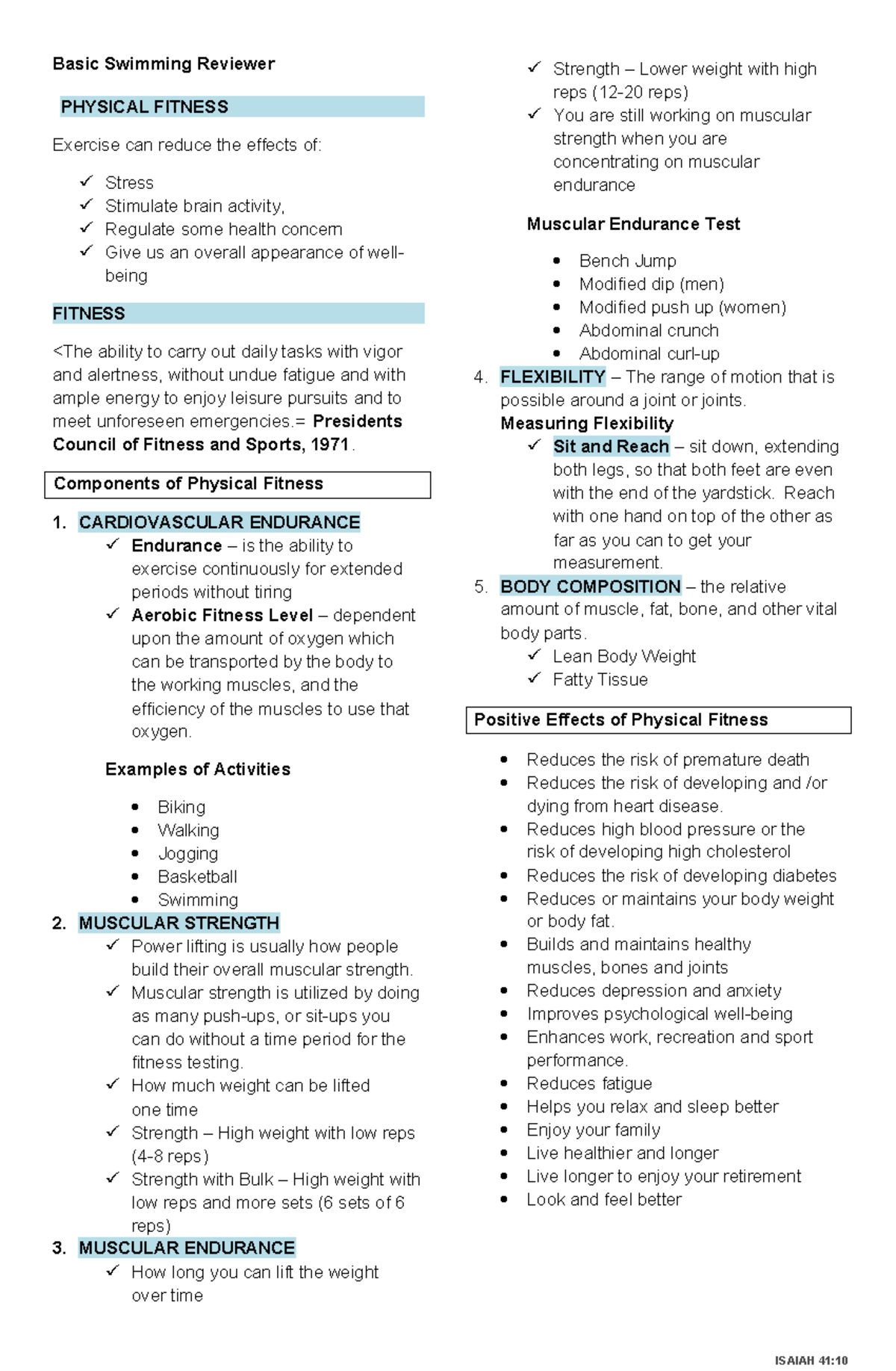 HOPE 4- Swimming Handouts - ISAIAH 41: Basic Swimming Reviewer PHYSICAL ...