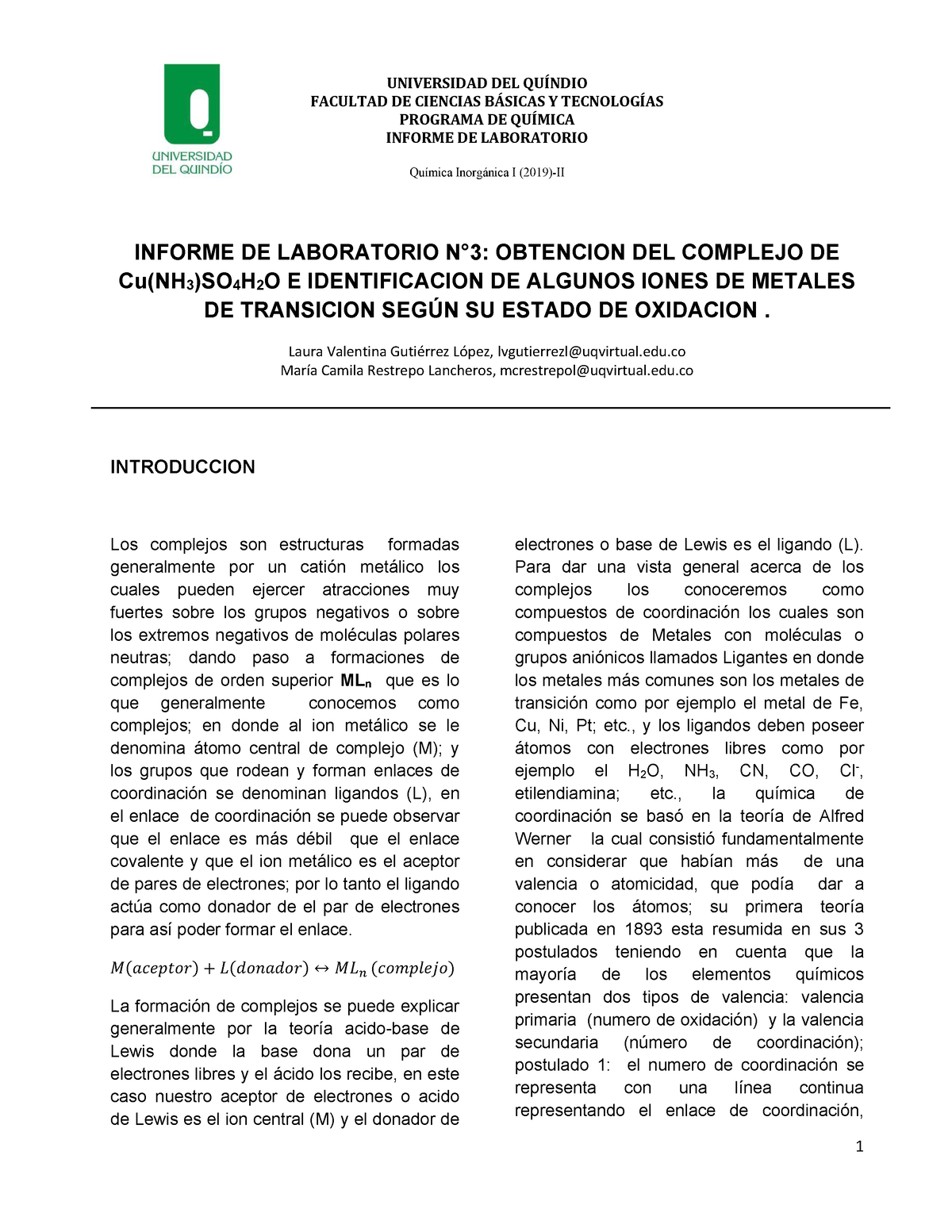 Informe 3 Nota 84 Facultad De Ciencias BÁsicas Y TecnologÍas Programa De QuÍmica Informe 6751