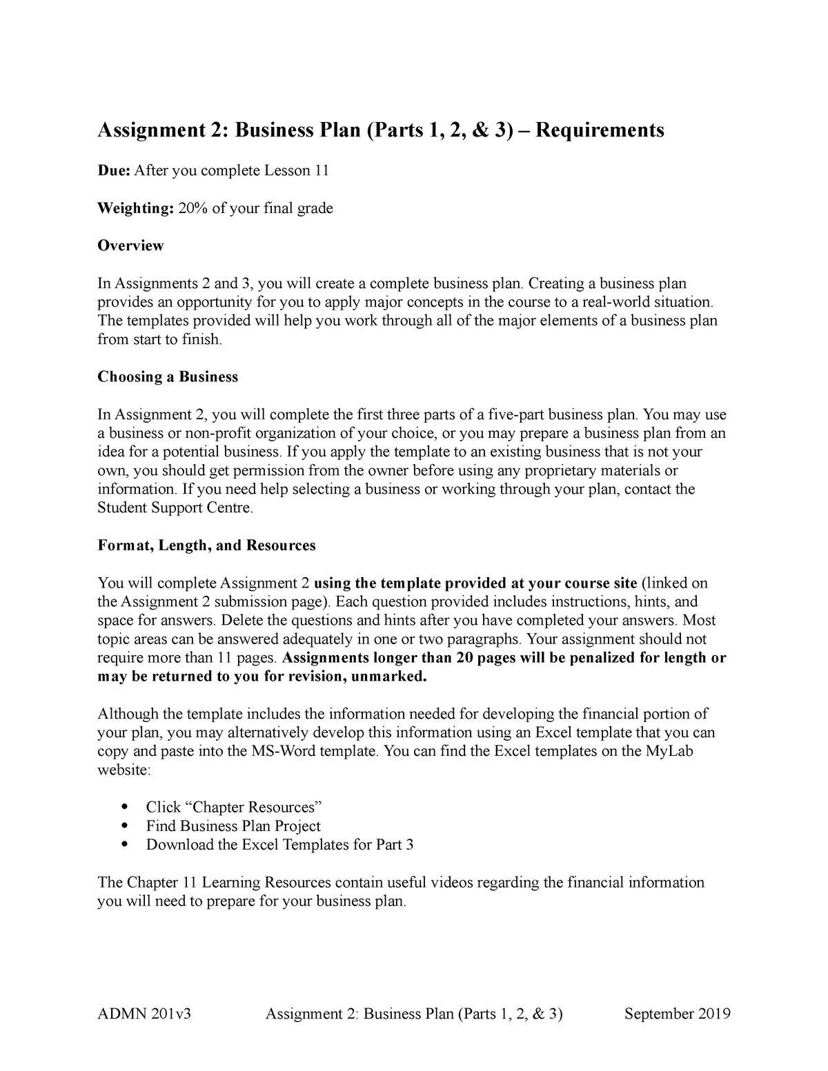 Admn201v3 Assignment 2 Assignment 2 Business Plan Parts 1 2 And 3 Requirements Due After 4371