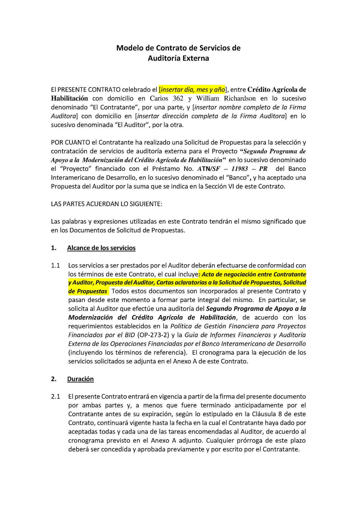 Modelo Contrato Auditoria Externa - Modelo de Contrato de Servicios de Auditoría  Externa El PRESENTE - Studocu