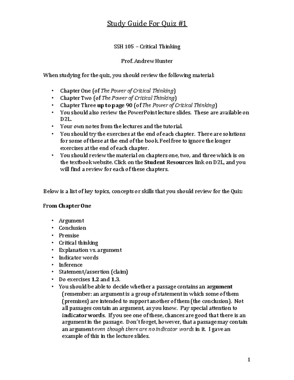 Study Guide For Quiz 1 - Study Guide For Quiz 1 SSH 105 – Critical ...