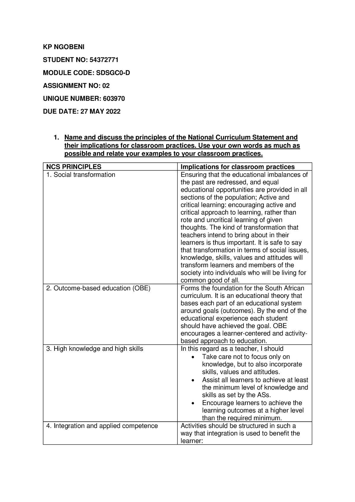 KP Ngobeni Sdsgc 0D assignment 2 - KP NGOBENI STUDENT NO: 54372771 ...