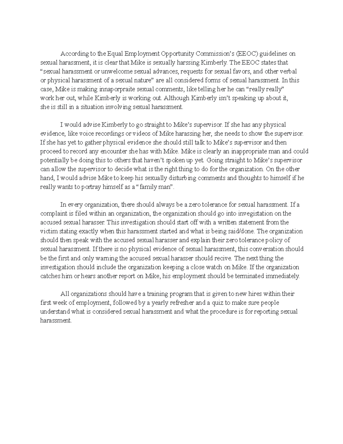 Case Study One Answer - According to the Equal Employment Opportunity ...