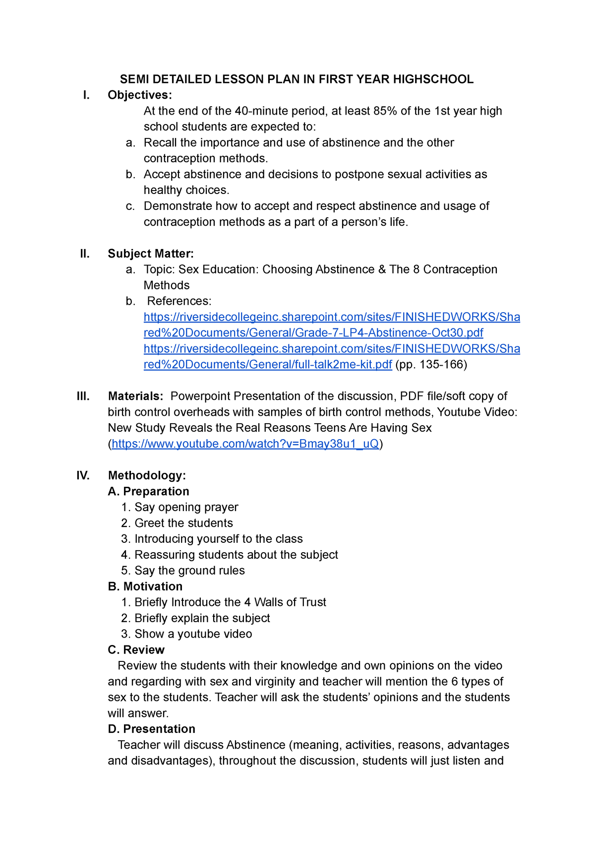 Semi Detailed Lesson Plan Sex Education Semi Detailed Lesson Plan In First Year Highschool I