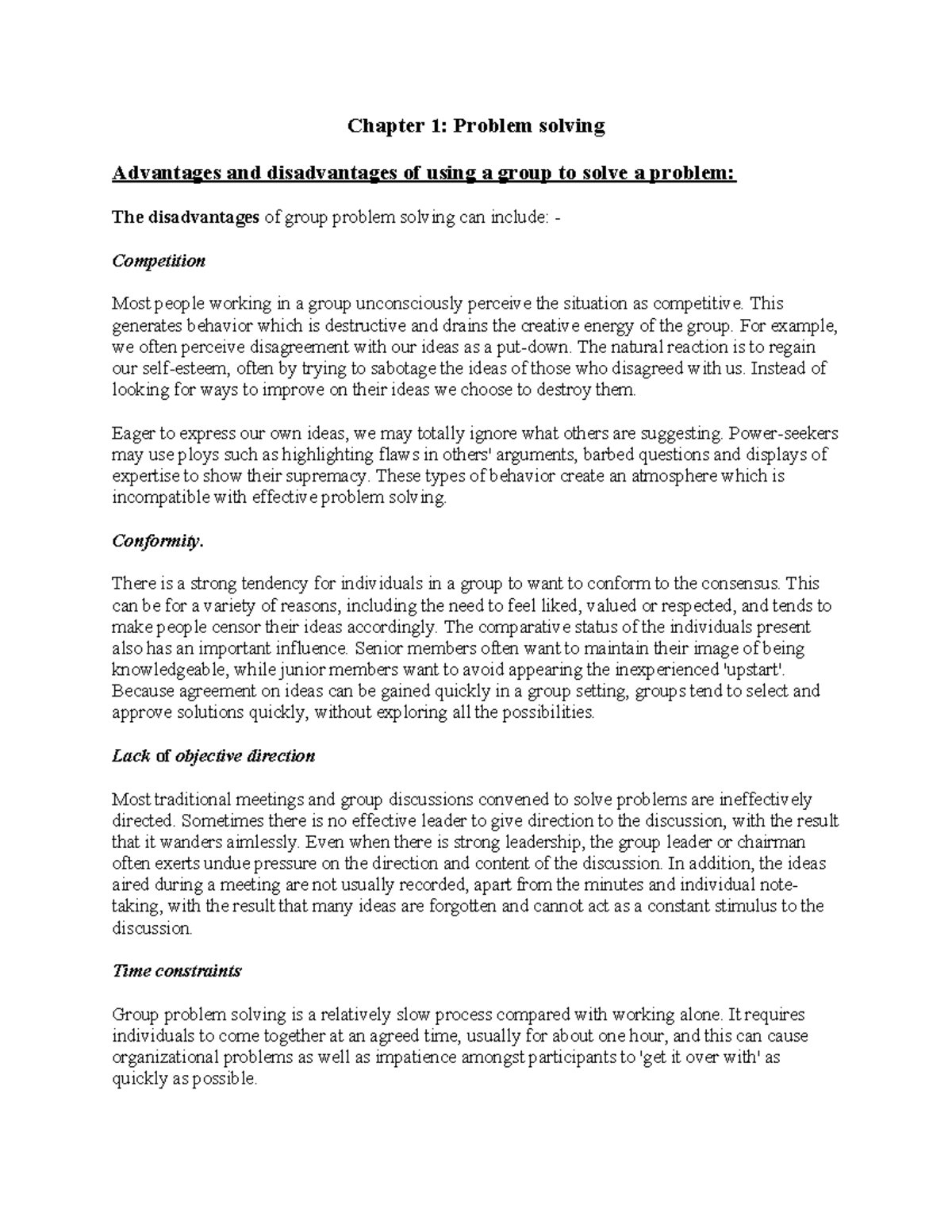 Problem solving hand out - Chapter 1: Problem solving Advantages and ...