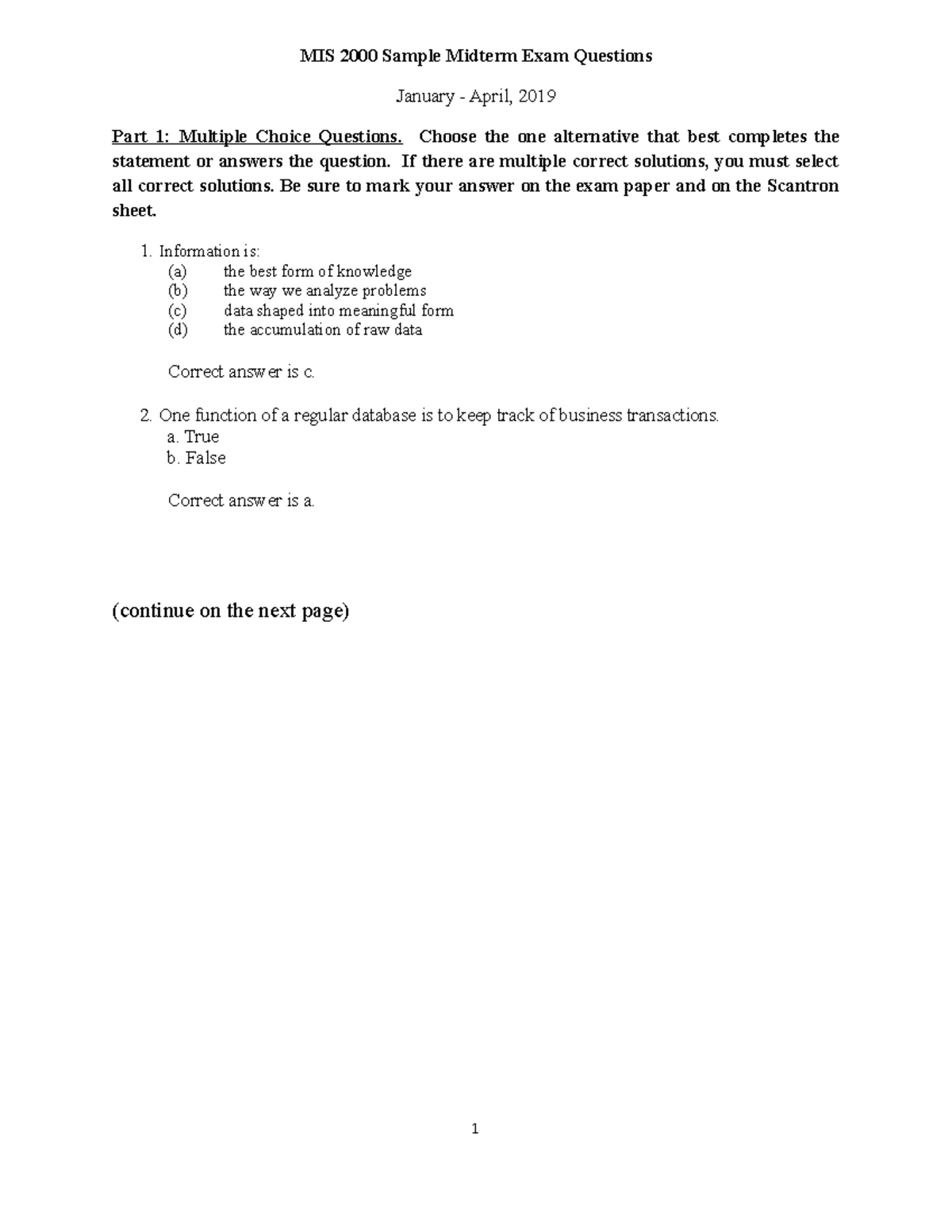 MIS2000 Mid Term Sample Questions - MIS 2000 Sample Midterm Exam ...