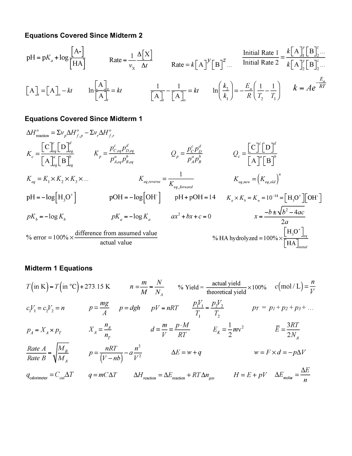 Midterm 3 Equation sheet - Equations Covered Since Midterm 2 Equations ...