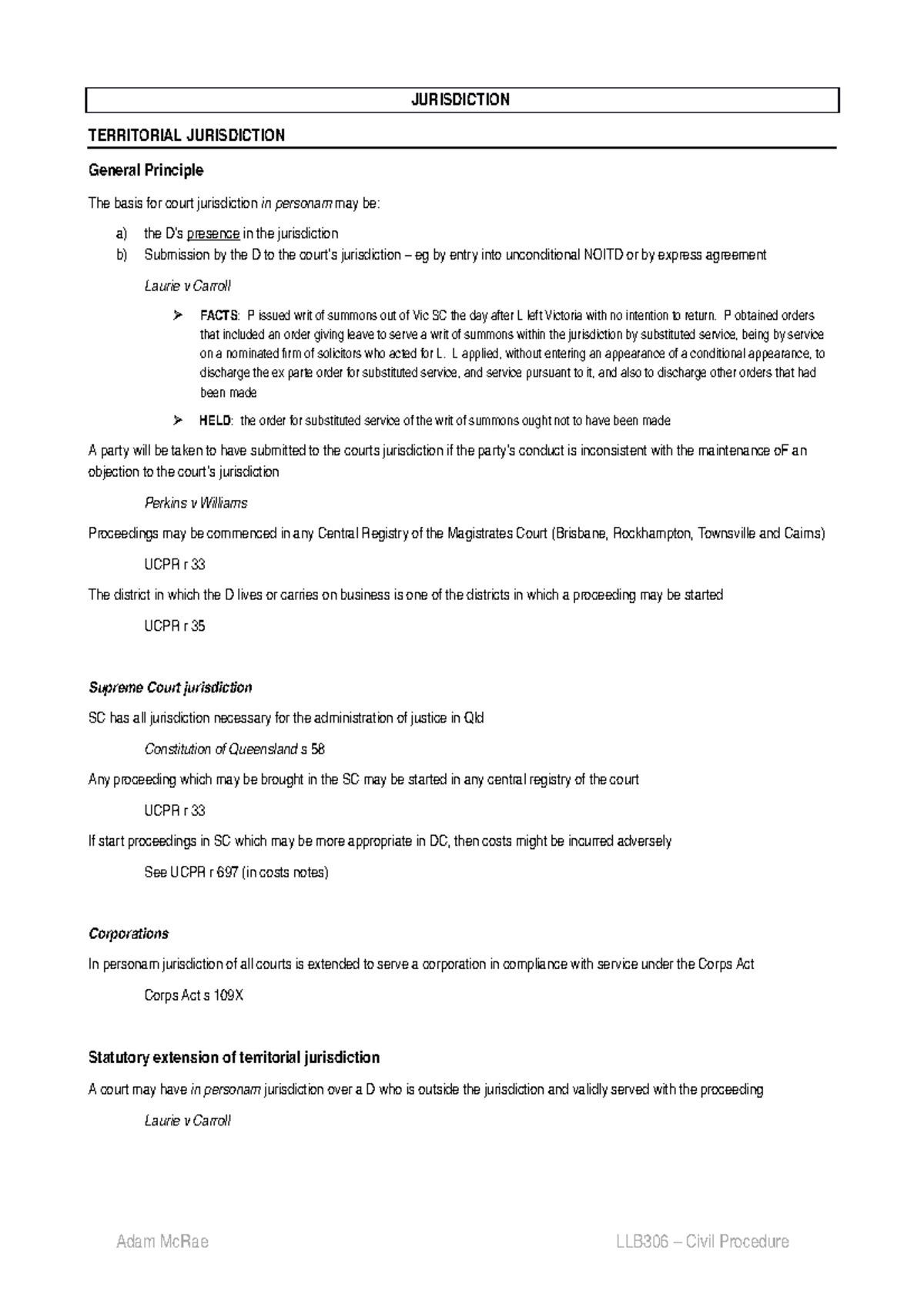 2.0 Jurisdiction, LAA, Joinder, Service JURISDICTION TERRITORIAL JURISDICTION General