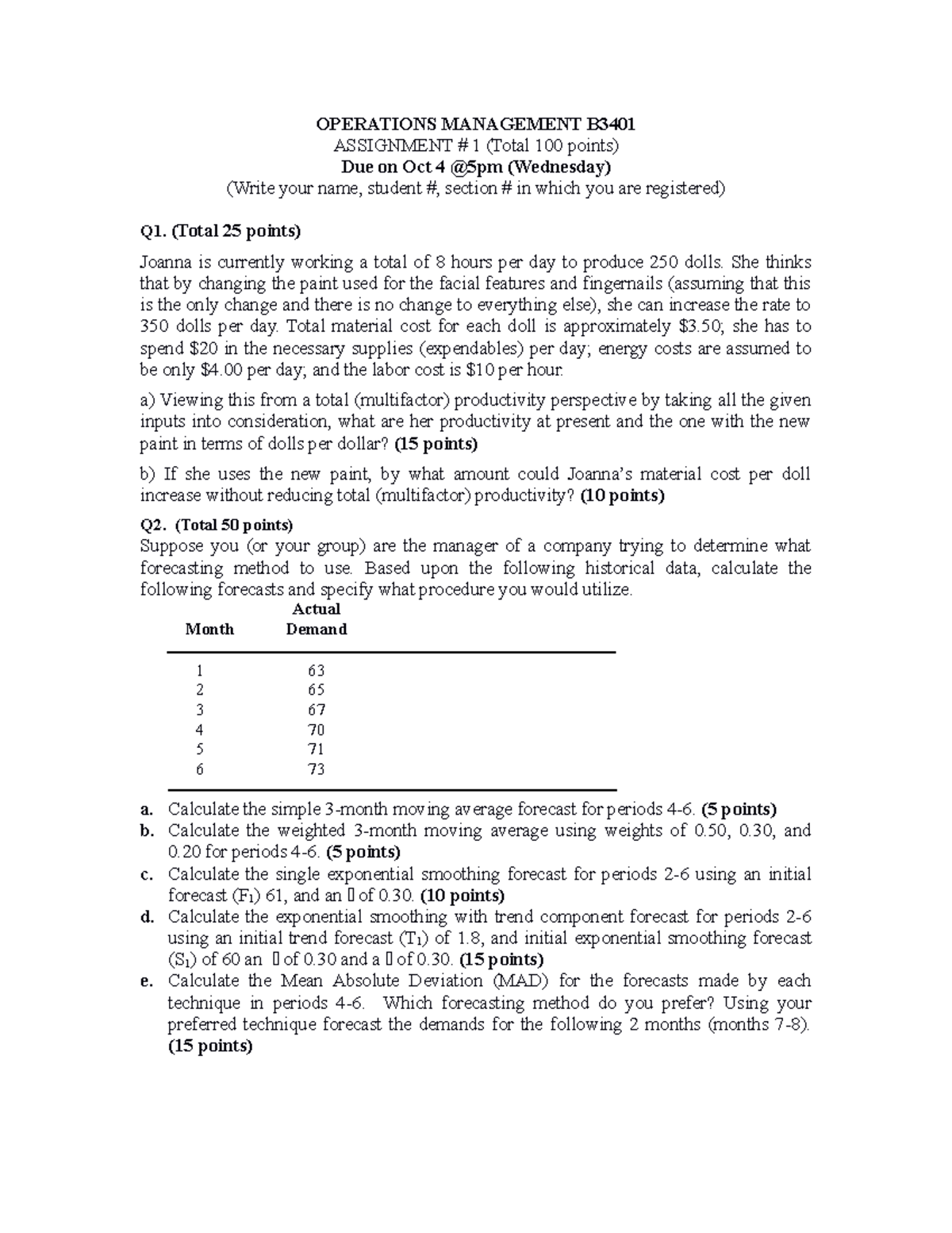 Assignment-1 - Mandatory 5% - OPERATIONS MANAGEMENT B ASSIGNMENT # 1 ...