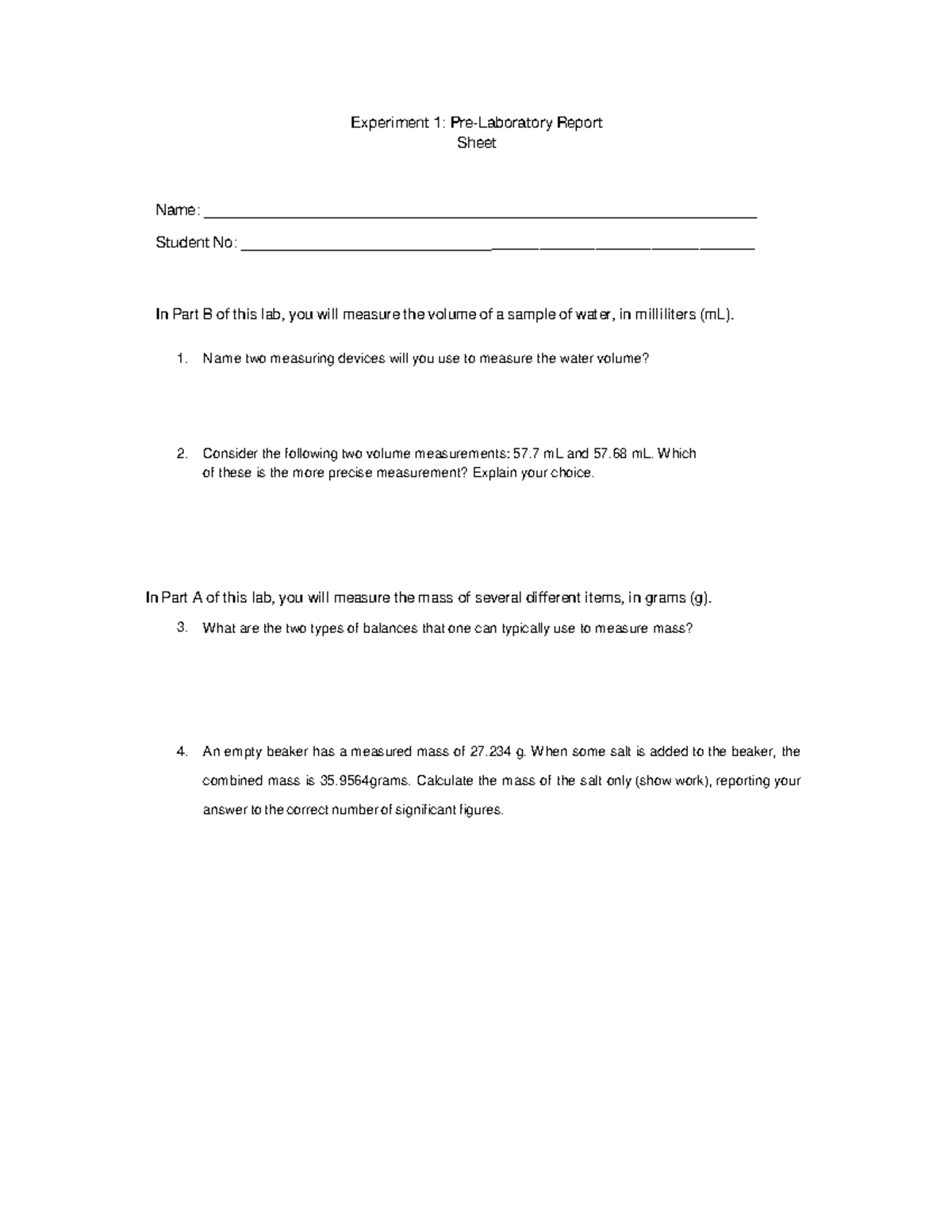 Experiment 1 Pre-Lab Report - Experiment 1: Pre-Laboratory Report S hee ...