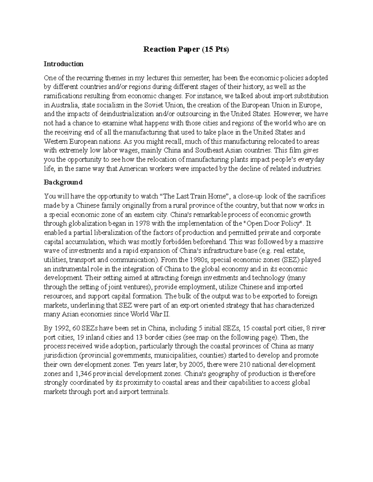 Last Train Home Reaction Paper Guidelines - Reaction Paper (15 Pts ...