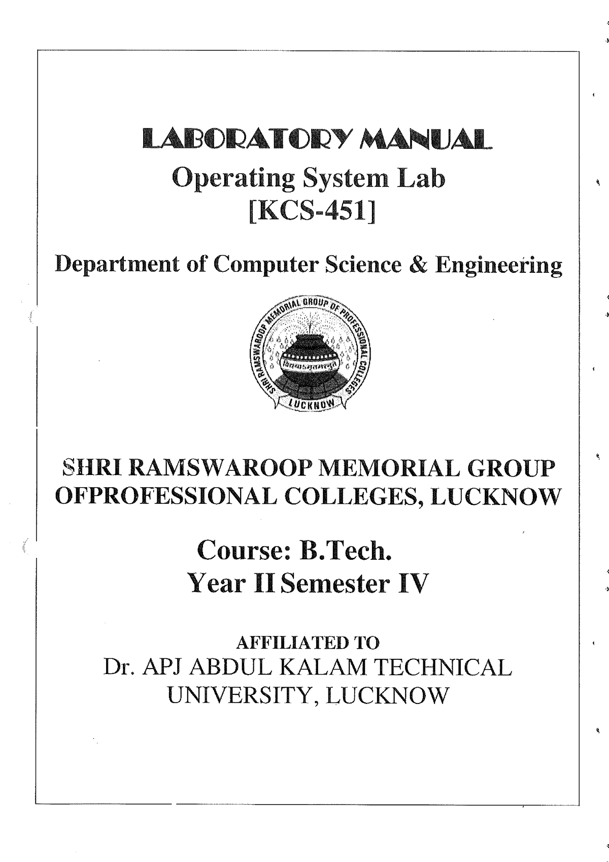 Opearting System Lab Manual - B.Tech CSE (2nd Year) - AKTU - Studocu