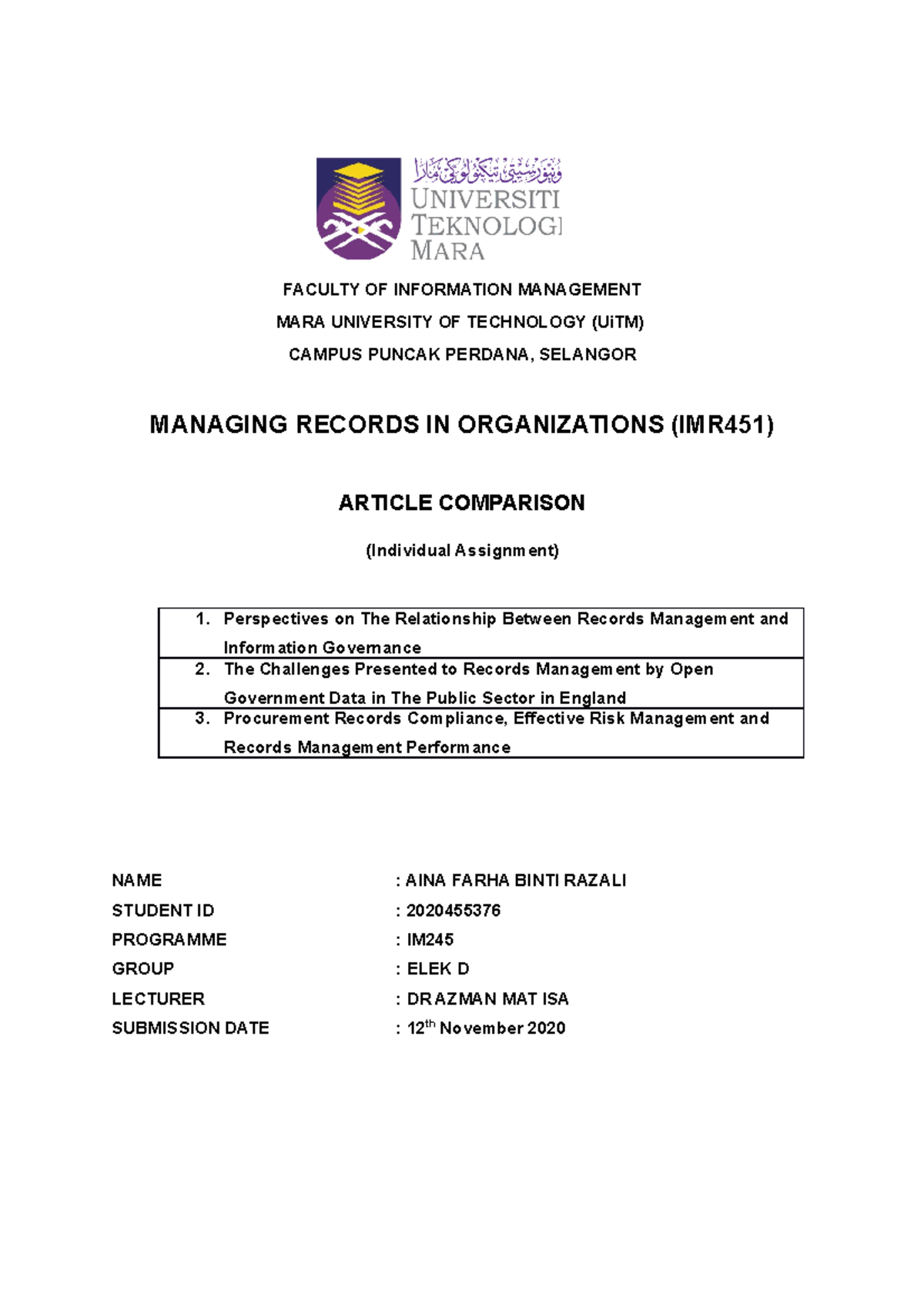 Done - article comparison - FACULTY OF INFORMATION MANAGEMENT MARA ...