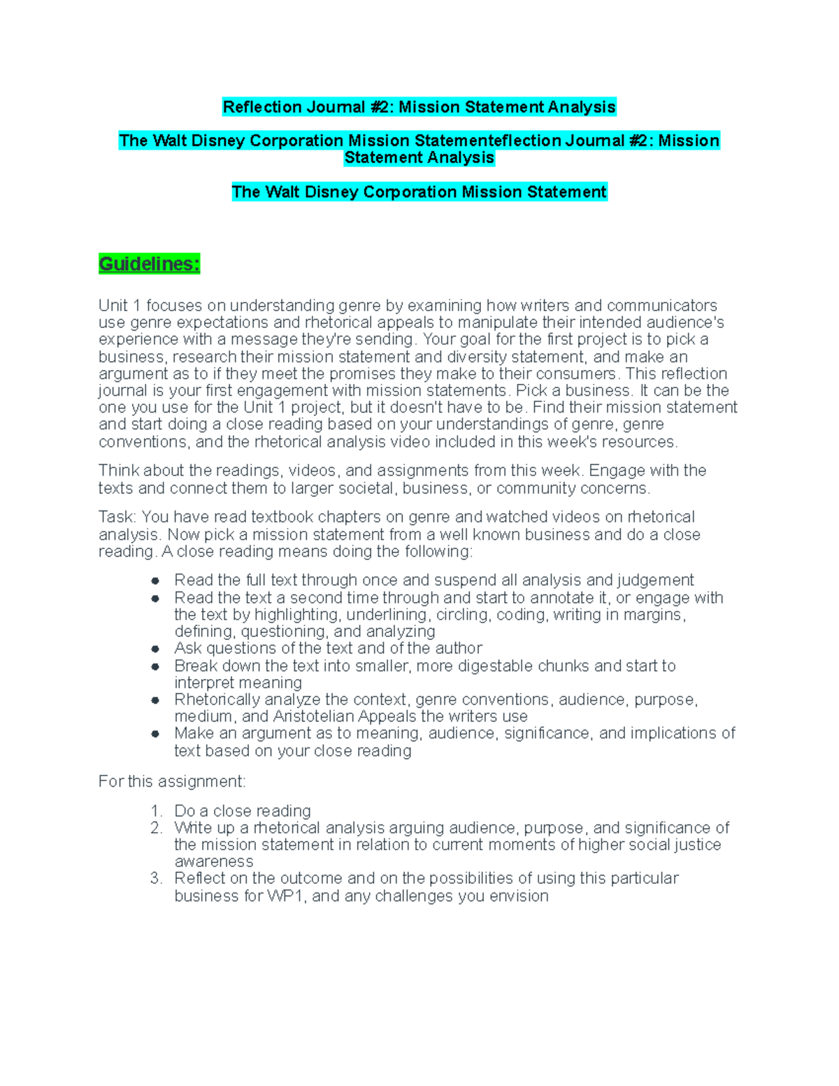 Reflection Journal #2 Mission Statement Analysis - Reflection Journal ...