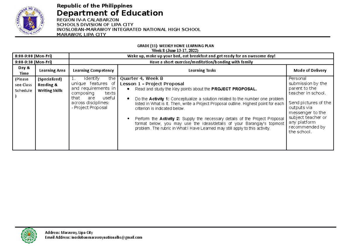 ReadingandWriting Q4WHLP W8 SHS GRADE (11) WEEKLY HOME LEARNING
