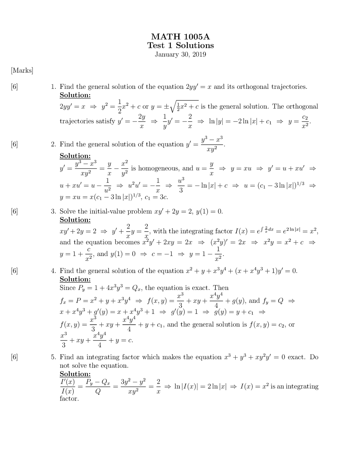 Math1005atest 1solutions Math 1005 Math 1005a Test Solutions January 30 19 Marks Find The General Solution Of The Equation 2yy And Its Orthogonal Studocu