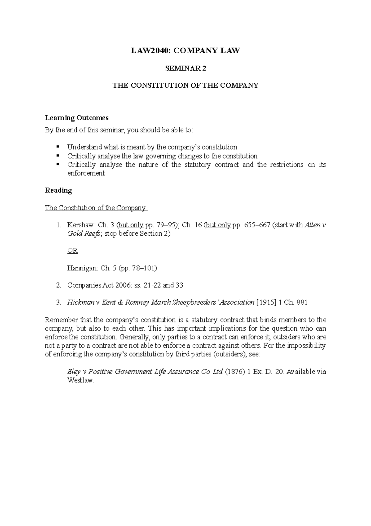 LAW2040 COMPANY LAW SEMINAR 2 THE CONSTITUTION OF THE COMPANY