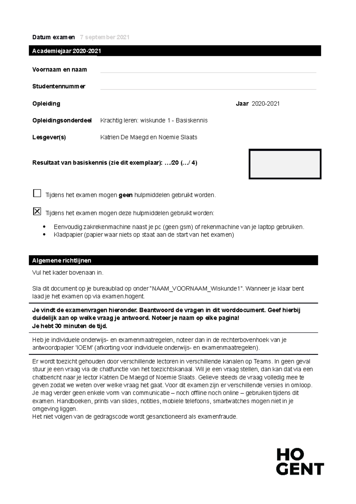 Basiskennis-examen - Voorbeeldexamen Wiskunde 1 - Datum Examen 7 ...