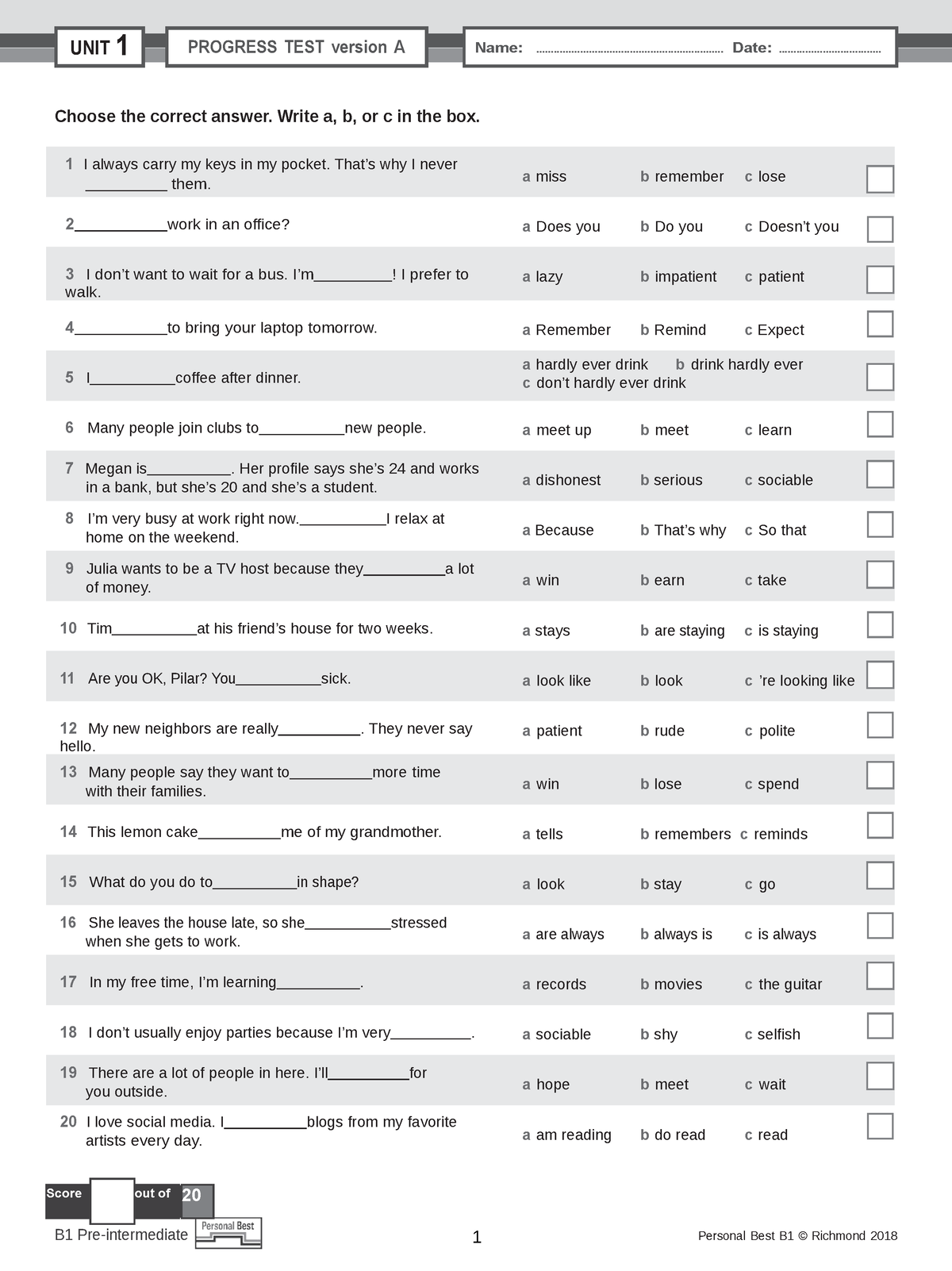 Quiz Unit 1Personal Best B 1 - Choose The Correct Answer. Write A, B ...