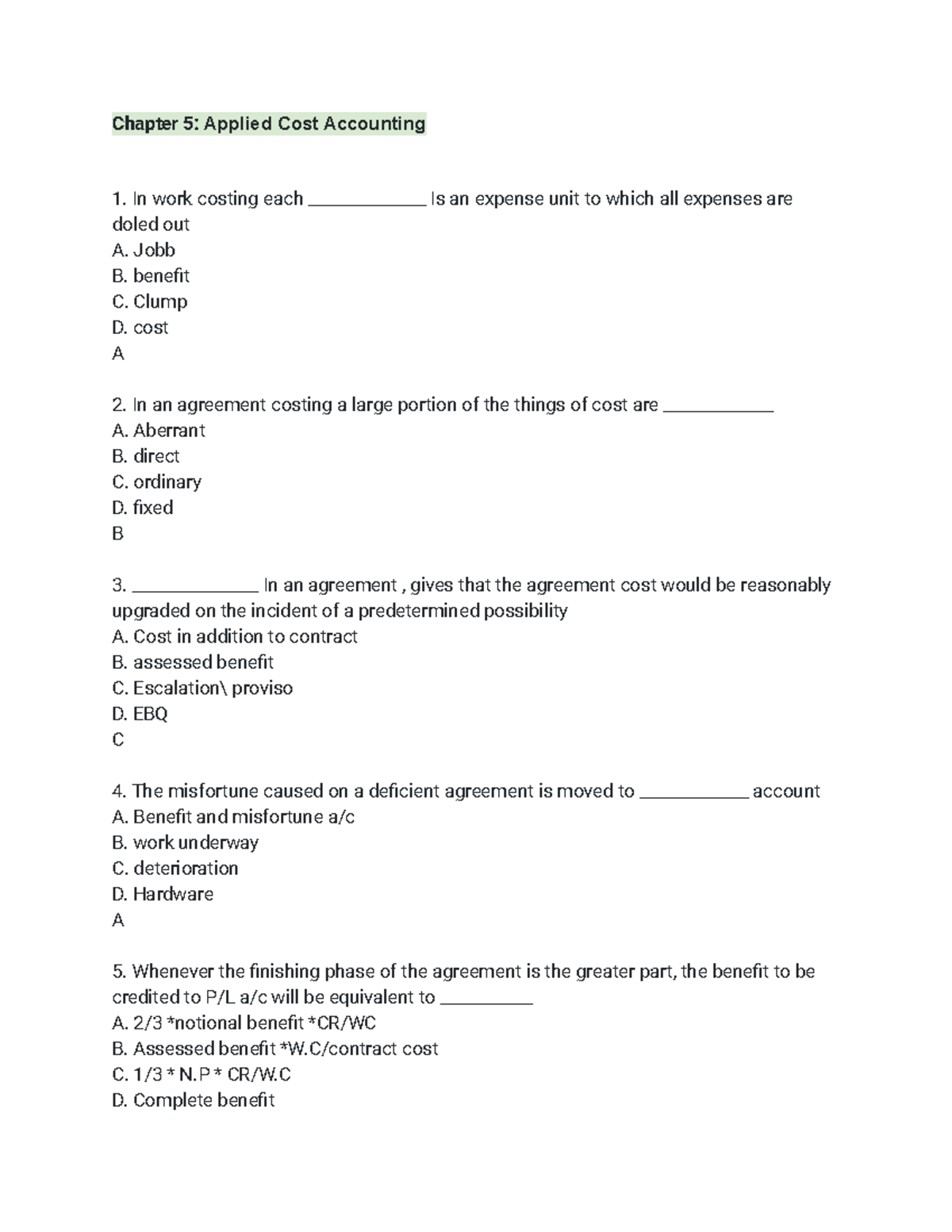 Chapter 5 Applied Cost Accounting - Jobb B. benefit C. Clump D. cost A ...