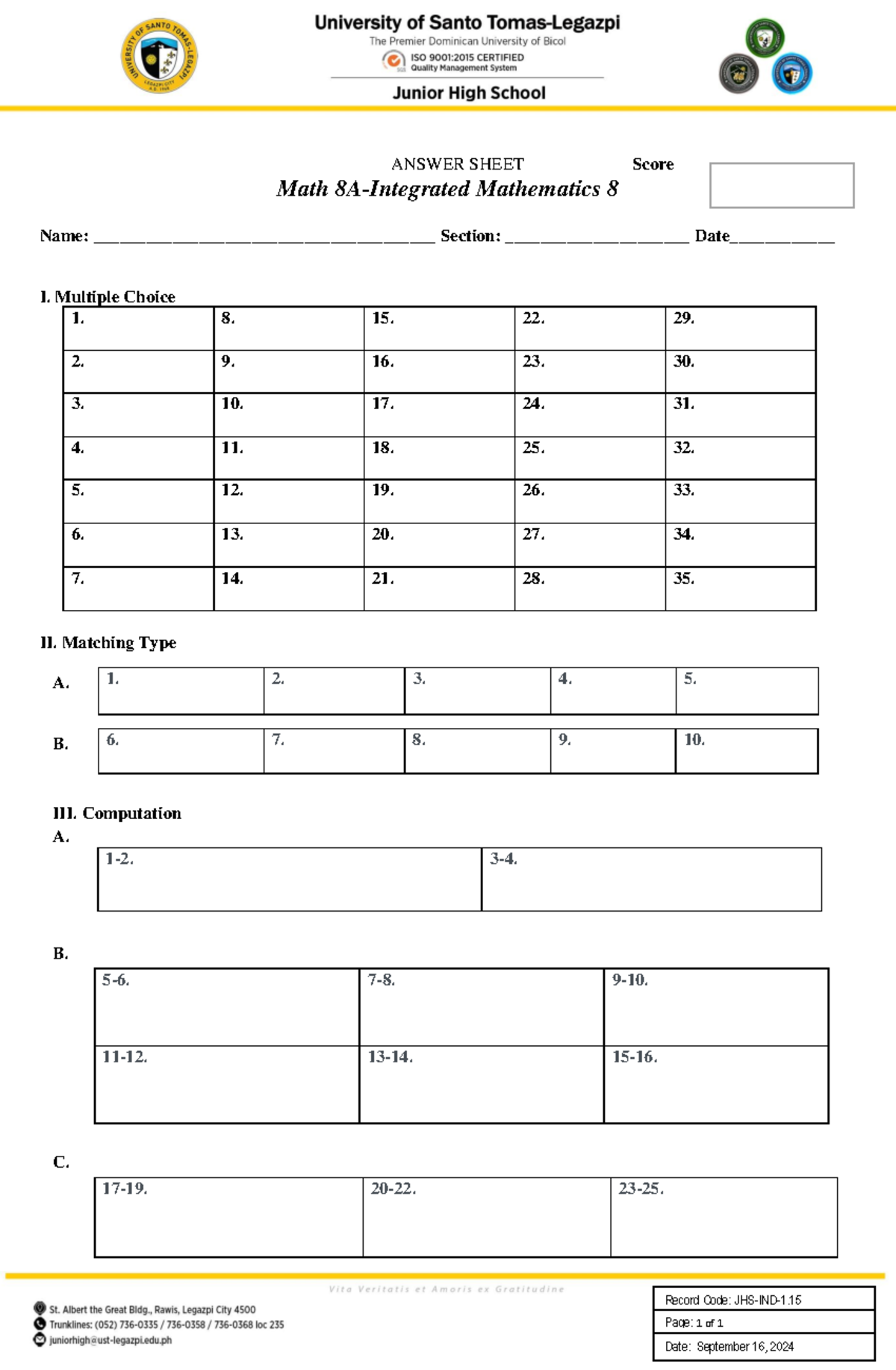 Answer Sheets-Math 8A-1st-24-25 - Record Code: JHS-IND-1. Page: 1 of 1 ...