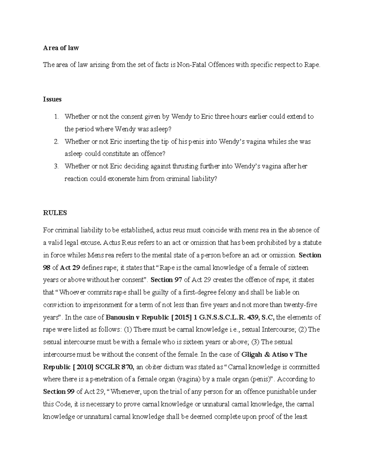 Prisca - A criminal law problem question - Area of law The area of law ...