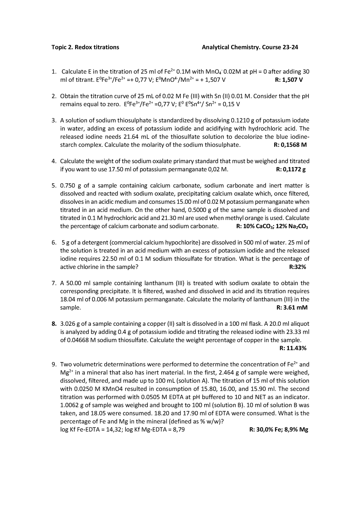 AC redox exercises 23 - Topic 2. Redox titrations Analytical Chemistry ...