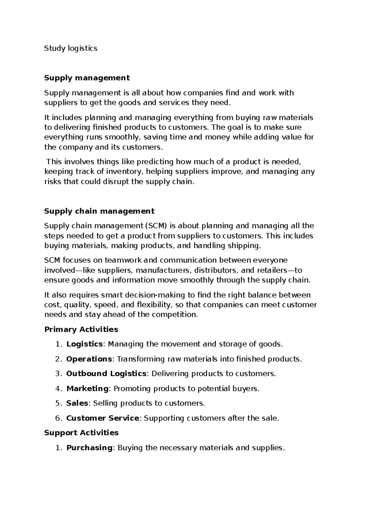 Logistics notes - Study logistics Supply management Supply management ...