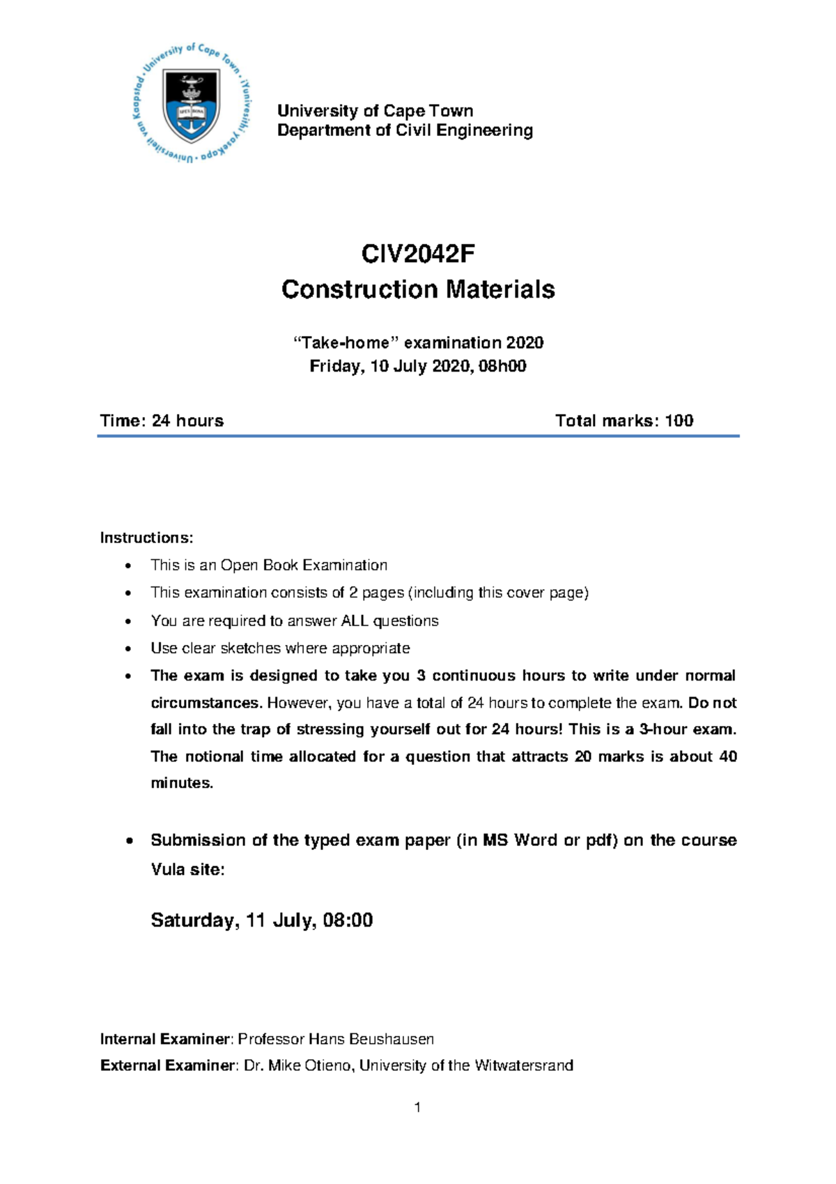 CIV2042F 2020 Exam - Practice materials - 1 CIV204 2 F Construction ...