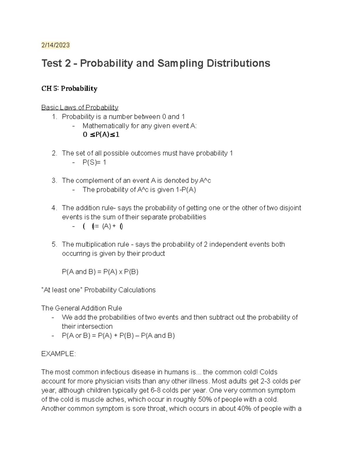 Stats Notes - exam 2 study review - 2/14/ Test 2 - Probability and ...