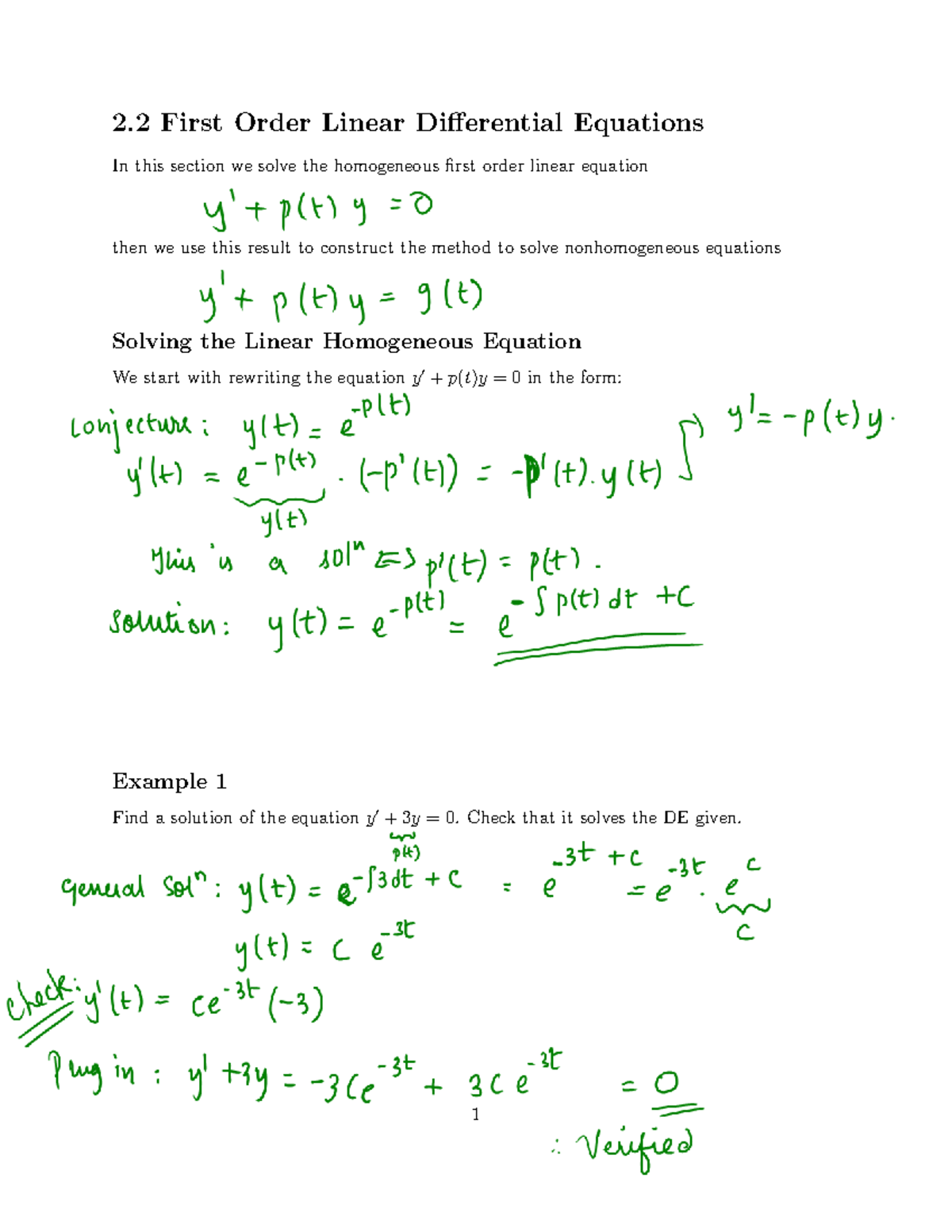Section 2 - Lecture notes 5 - 2 First Order Linear Differential ...